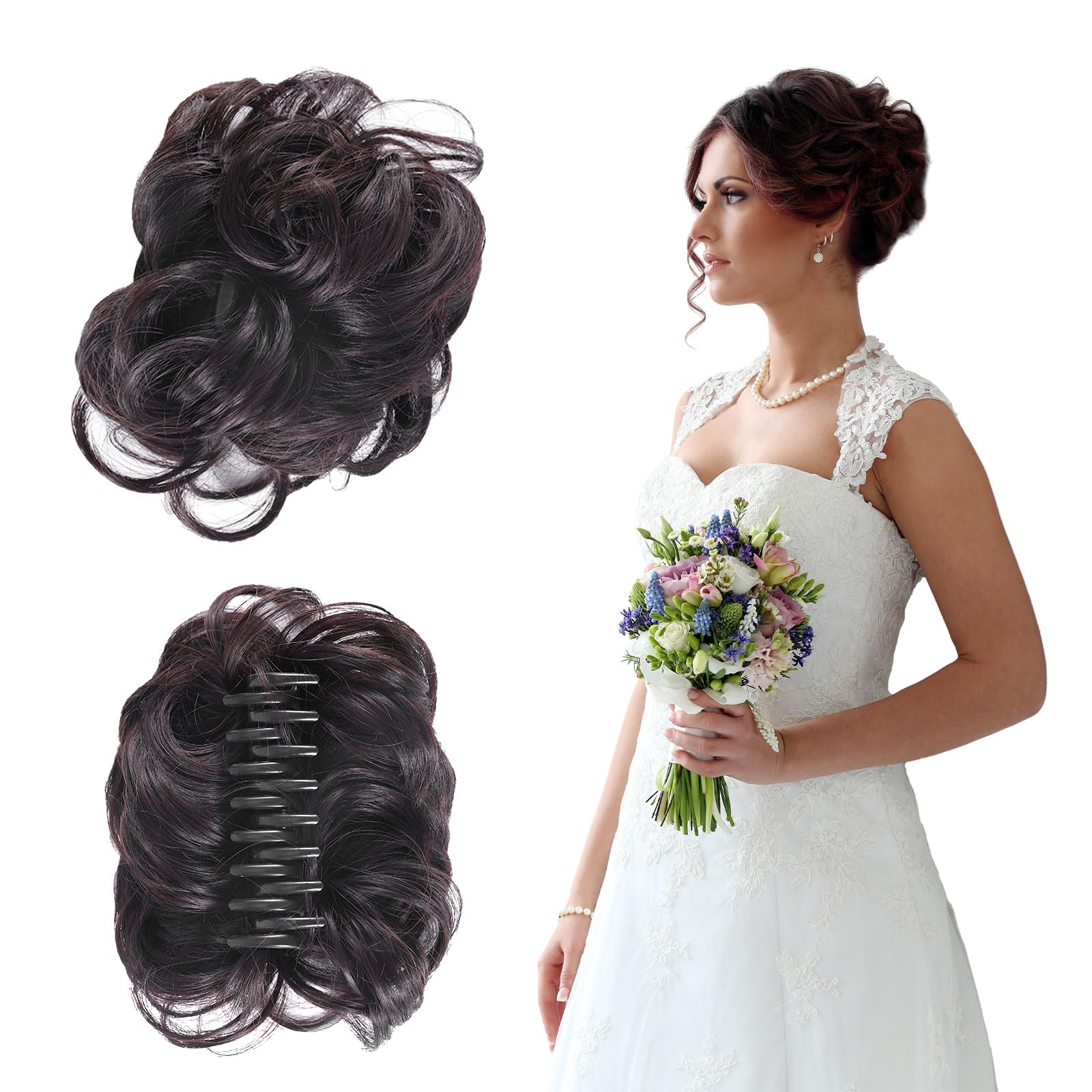 Messy Bun Hair Piece, Hair Extension Claw Clip Synthetic Wavy Curly Hair Buns Hair Piece for Updos Messy Bun Hair Clip Ponytail Hairpiece for Women (Dark Brown)