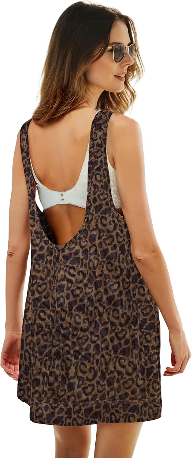 Womens Corduroy Overalls Dress Low Open Back Skirtall Jumper Mini Dress Pinafore with Pockets - Image 4