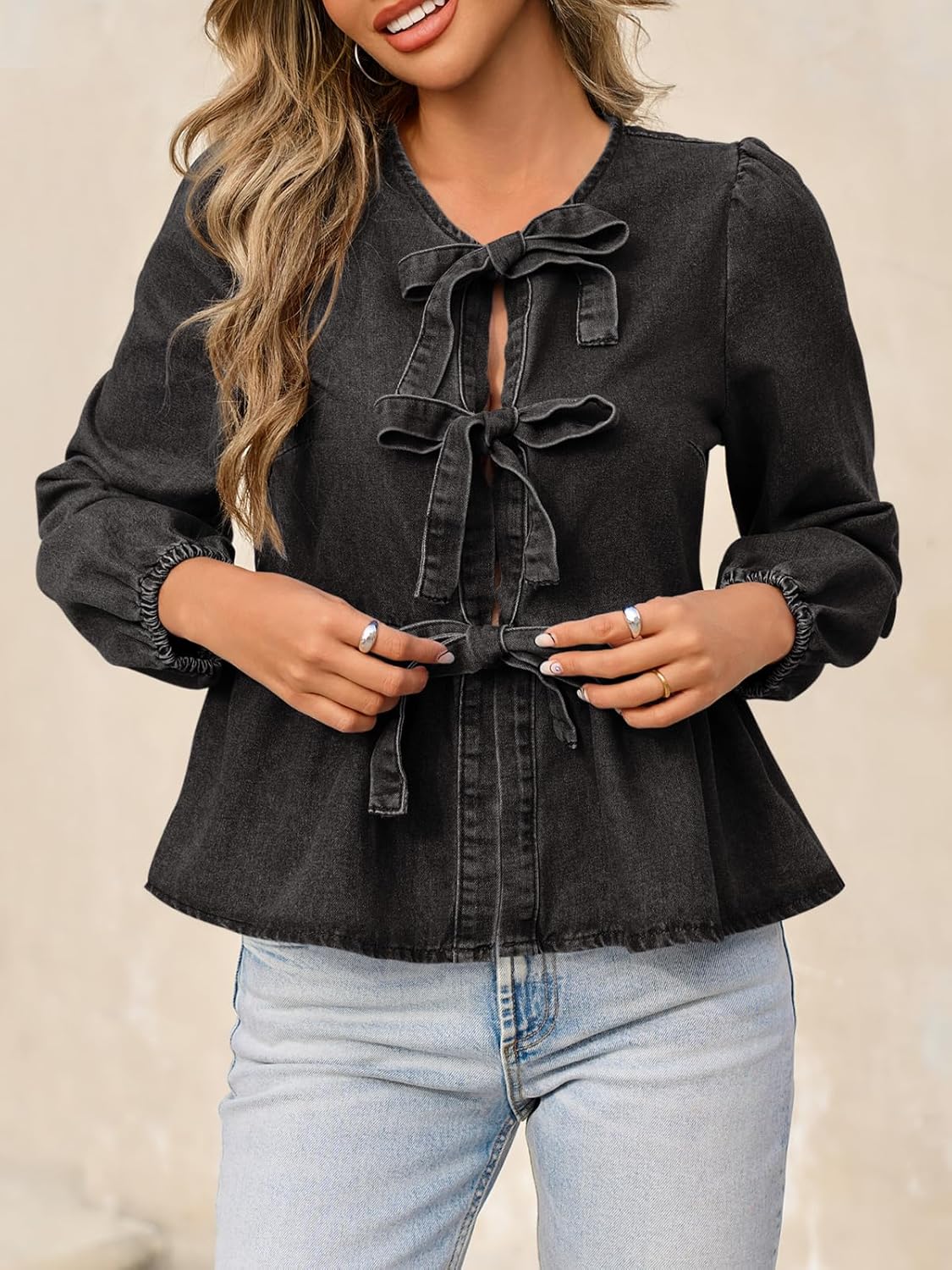 Tankaneo Womens Denim Tie Front Tops Babydoll Peplum Cute Blouse Puff Long Sleeve Going Out Jean Shirts - Image 4