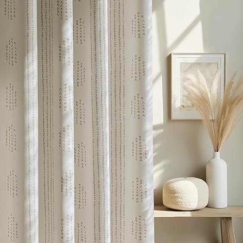 Cortinas opacas 100% bohemias de 72 pulgadas de largo para dormitorio, cortinas bohemias con patrón gris pardo sobre beige, para sala de estar,