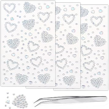 Laser Heart Gem Stickers Jewels for Crafts - Self Adhesive Rhinestone Jewel Sticker, Stick on Gems Rhinestones for Makeup, Acrylic Bling Heart Stickers, Craft Supplies 3 Sheets