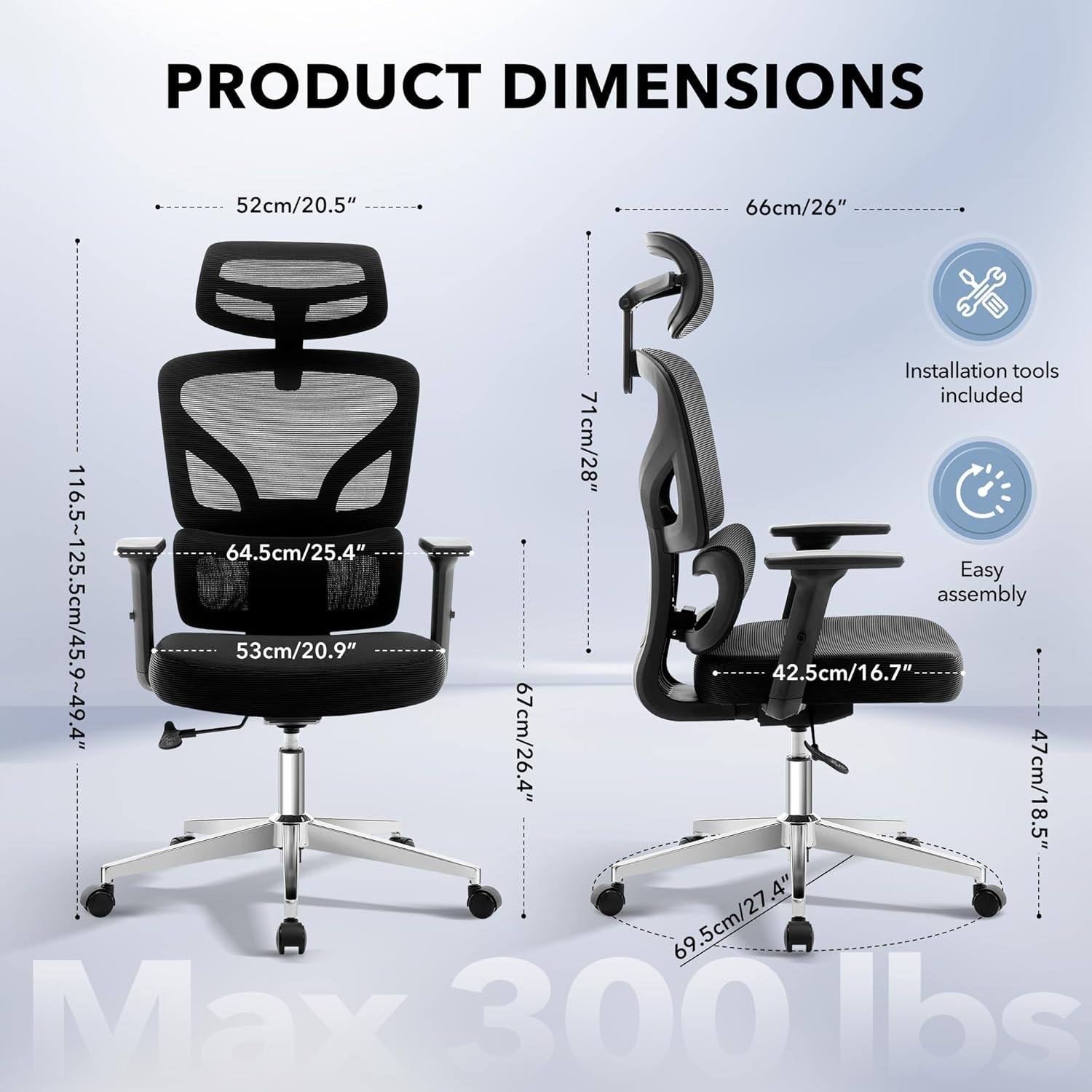 Office Chair Ergonomic Desk Chair - Home Mesh Office Desk Chair with Adjustable Lumbar Support, High-Back Computer Gaming Chair with Headrest 3D Armrests, Rolling Swivel Task Chairs for Home, Office - Image 2