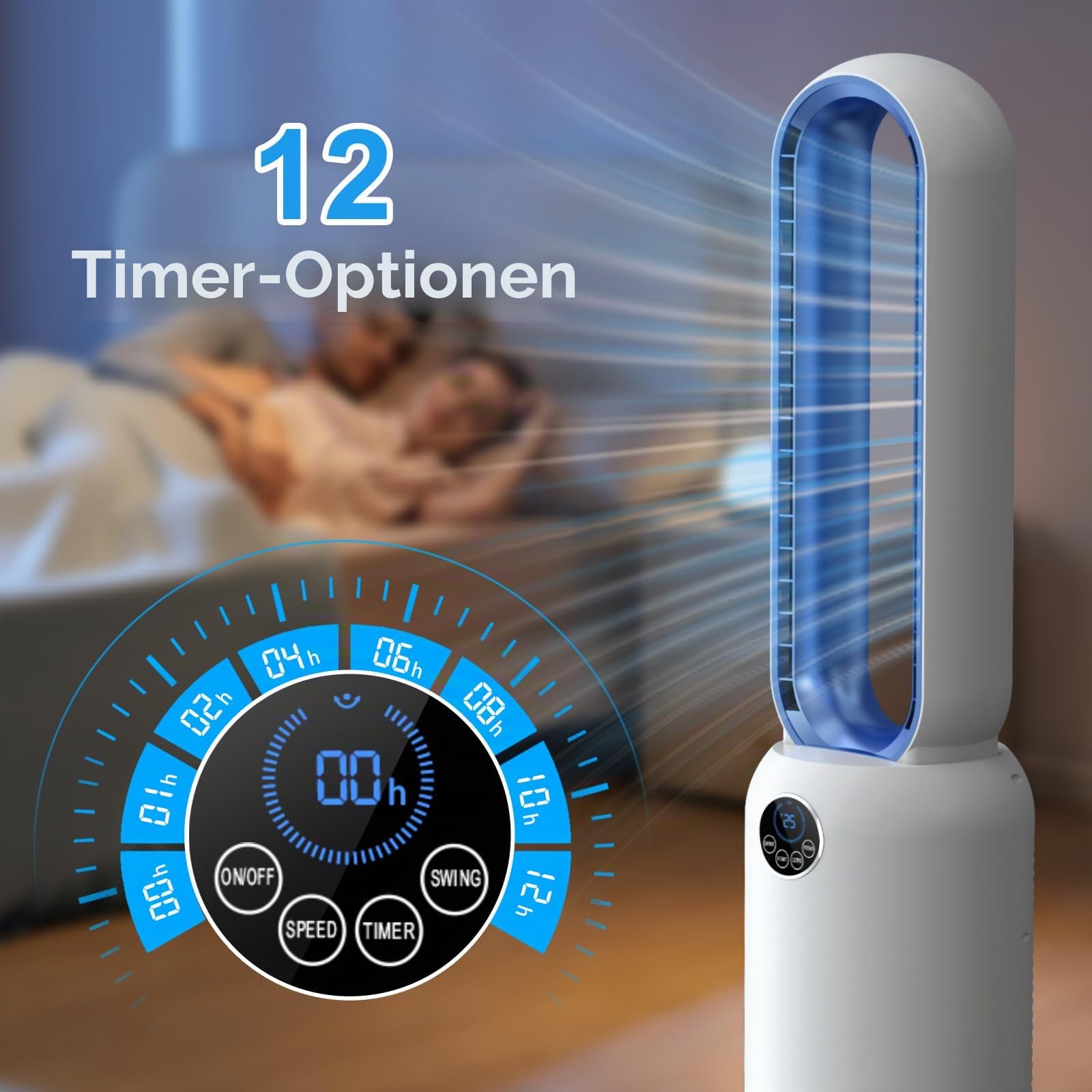 Turmventilator ohne Flügel 88cm – geräuschloser Standventilator mit 55W Motor, LED-Touchscreen & Fernbedienung, 12-Stunden-Timer, 90° oszillierend für Schlafzimmer & Büro (blau)