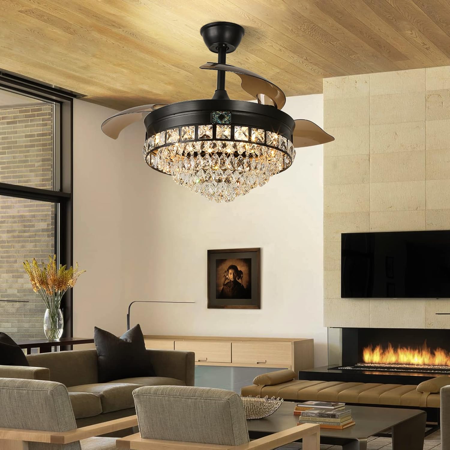 42" Black Crystal Ceiling Fan with Lights, Modern Dimmable Fandelier with Remote, LED Retractable Blades 3-Color with Memory Invisible Crystal Chandelier Fan for Living Room Dining Room