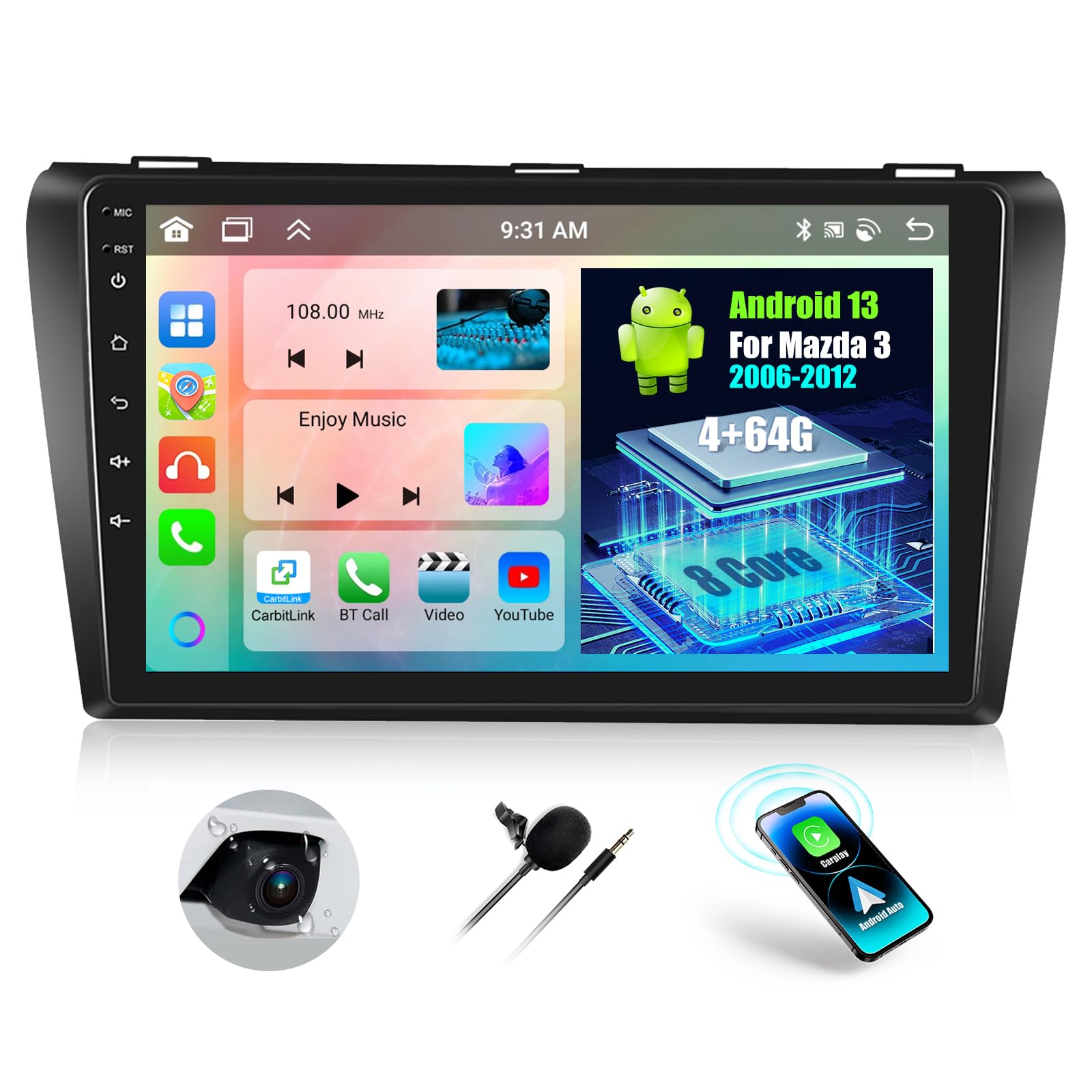 Autoradio Android 15 Pour Mazda 3 (2009-2013) – 9" écran Tactile, CarPlay/Android Auto Sans Fil, Qualcomm 8 Cœurs, 4+64 Go - 8