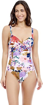 Profile by Gottex Melody Womens Multi-Color Sweetheart Twist Front One Piece Swimsuit with Tummy Control and Soft Cups