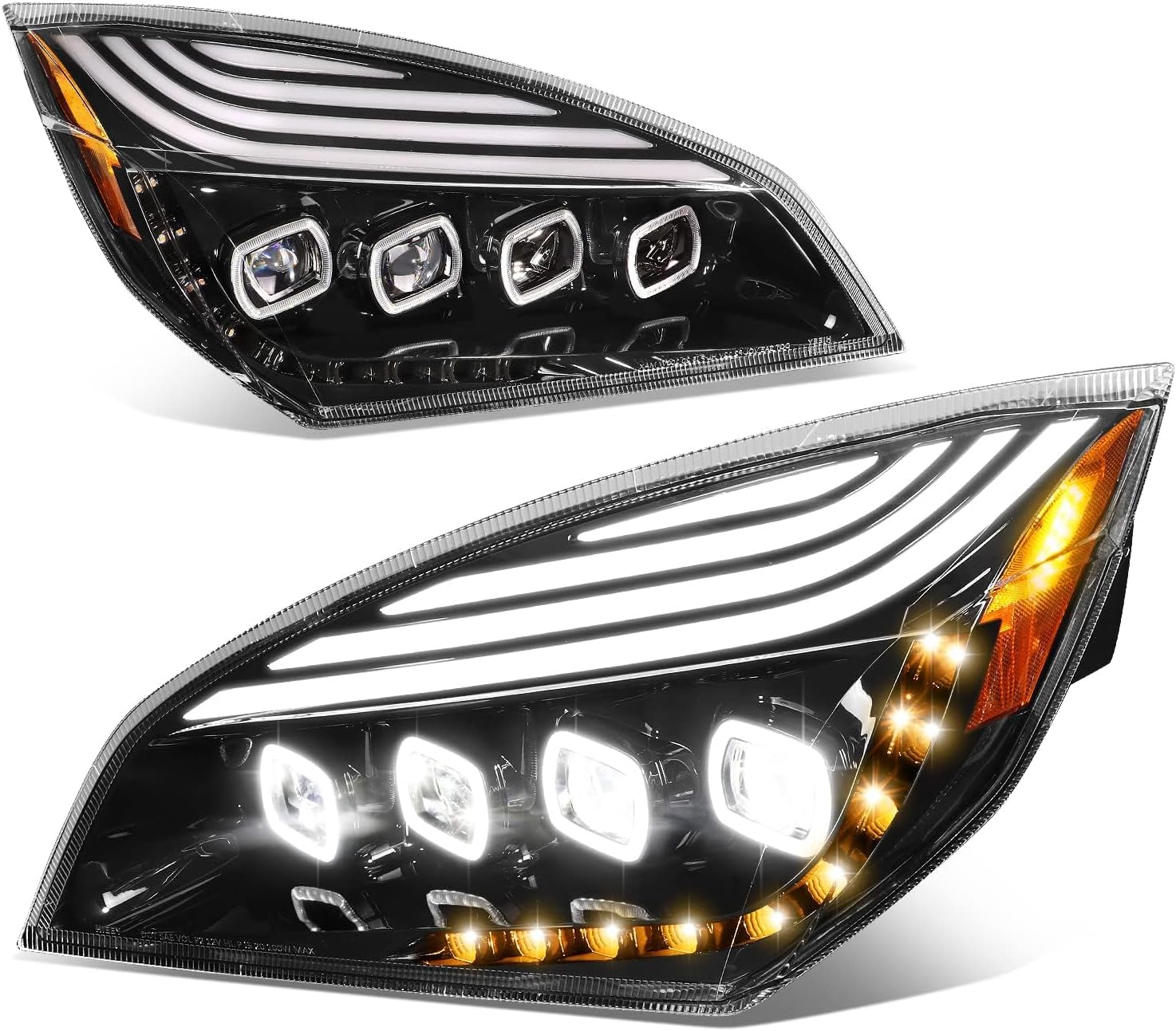 Auto Dynasty LED DRL Headlights Assembly Compatible with 2018-2024 Freightliner Cascadia, LED Halo Ring Projector Headlamps w/Sequential Chase Amber Turn Signal, Black Housing