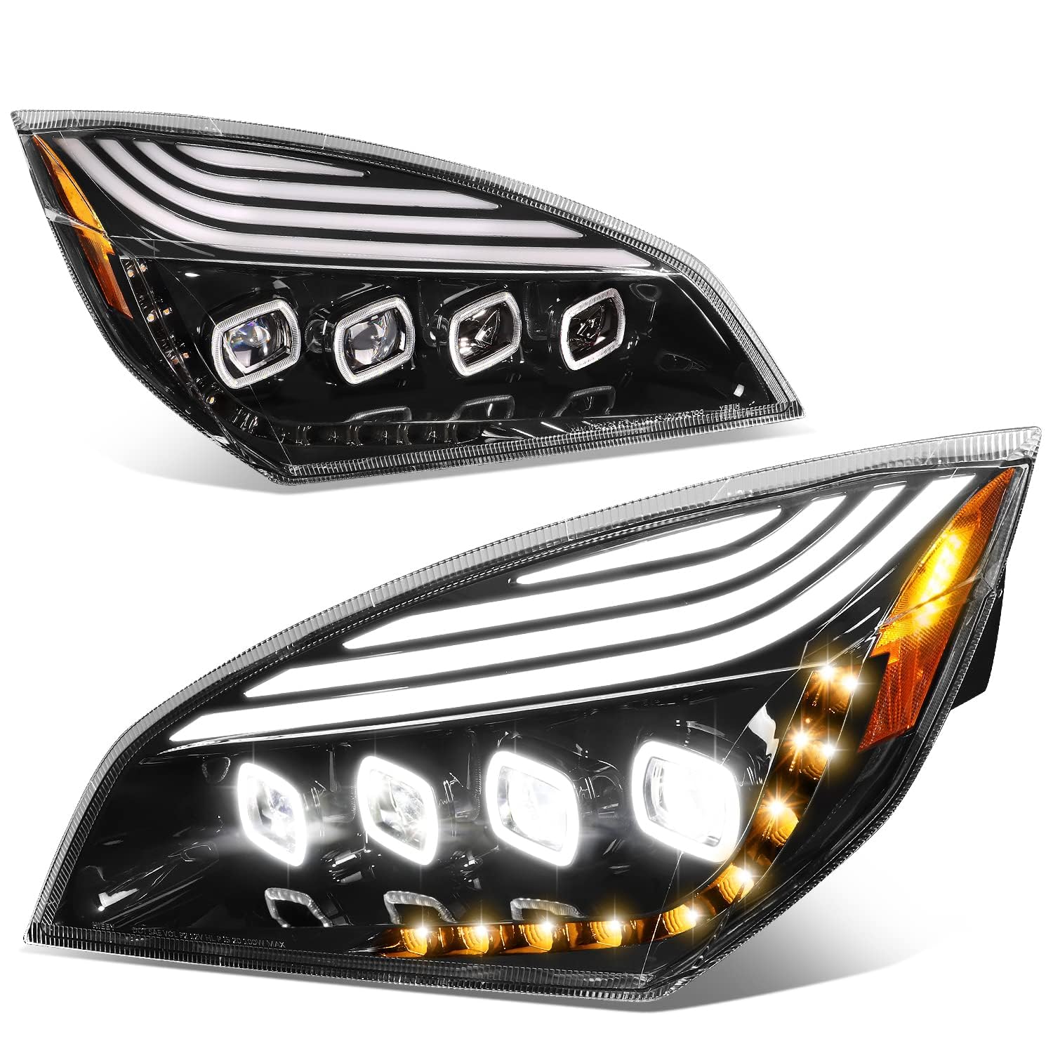 Auto Dynasty LED DRL Headlights Assembly Compatible with 2018-2024 Freightliner Cascadia, LED Halo Ring Projector Headlamps w/Sequential Chase Amber