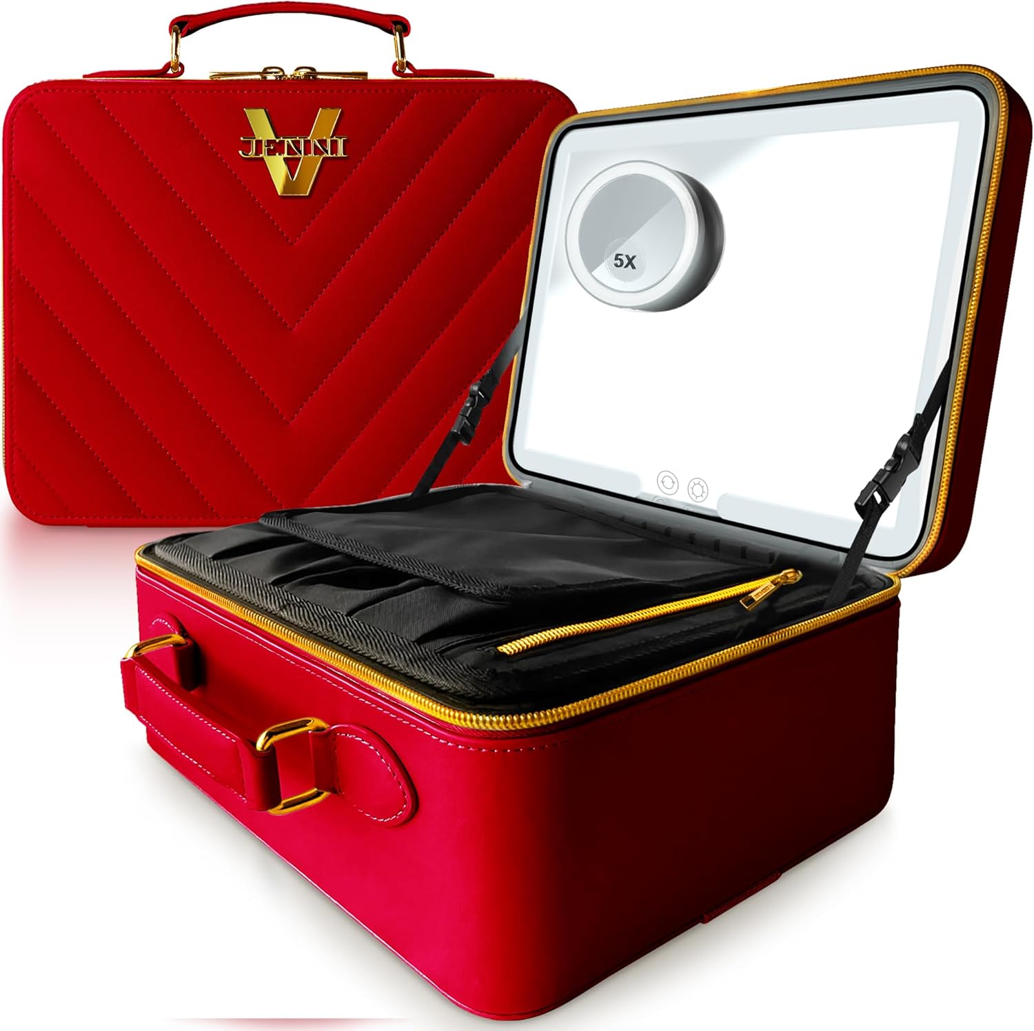 JENNI V Upscale PU Leather Makeup Bag with Light Up Mirror, 3 Brightness Settings, Adjustable Dividers – Replace Your Bulky Vanity While On the Go – Chic Travel Makeup Case Box – Makeup Organizer Bag JENNI V Upscale PU Leather Makeup Bag with Light Up Mirror, 3 Brightness Settings, Adjustable Dividers – Replace Your Bulky Vanity While On the Go – Chic Travel Makeup Case Box – Makeup Organizer Bag