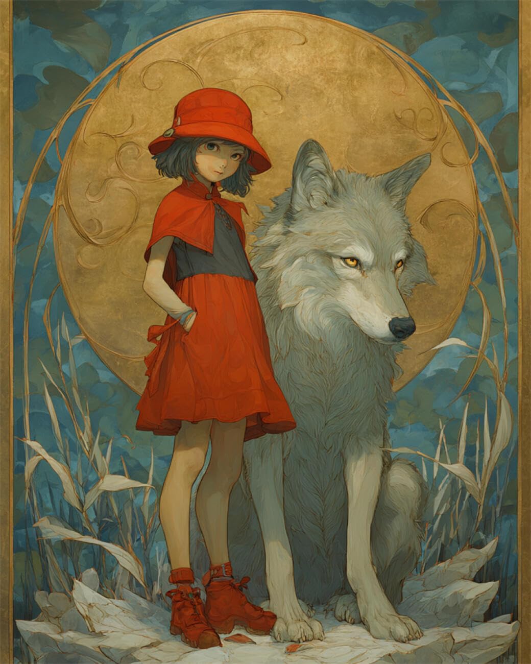 RKFLGEW Animal 14CT Stamped Cross Stitch Kit Anime Girl and Wolf DIY Embroidery for Adults Beginner Needlework Kit with Patterns Needlepoint Art 40x50cm