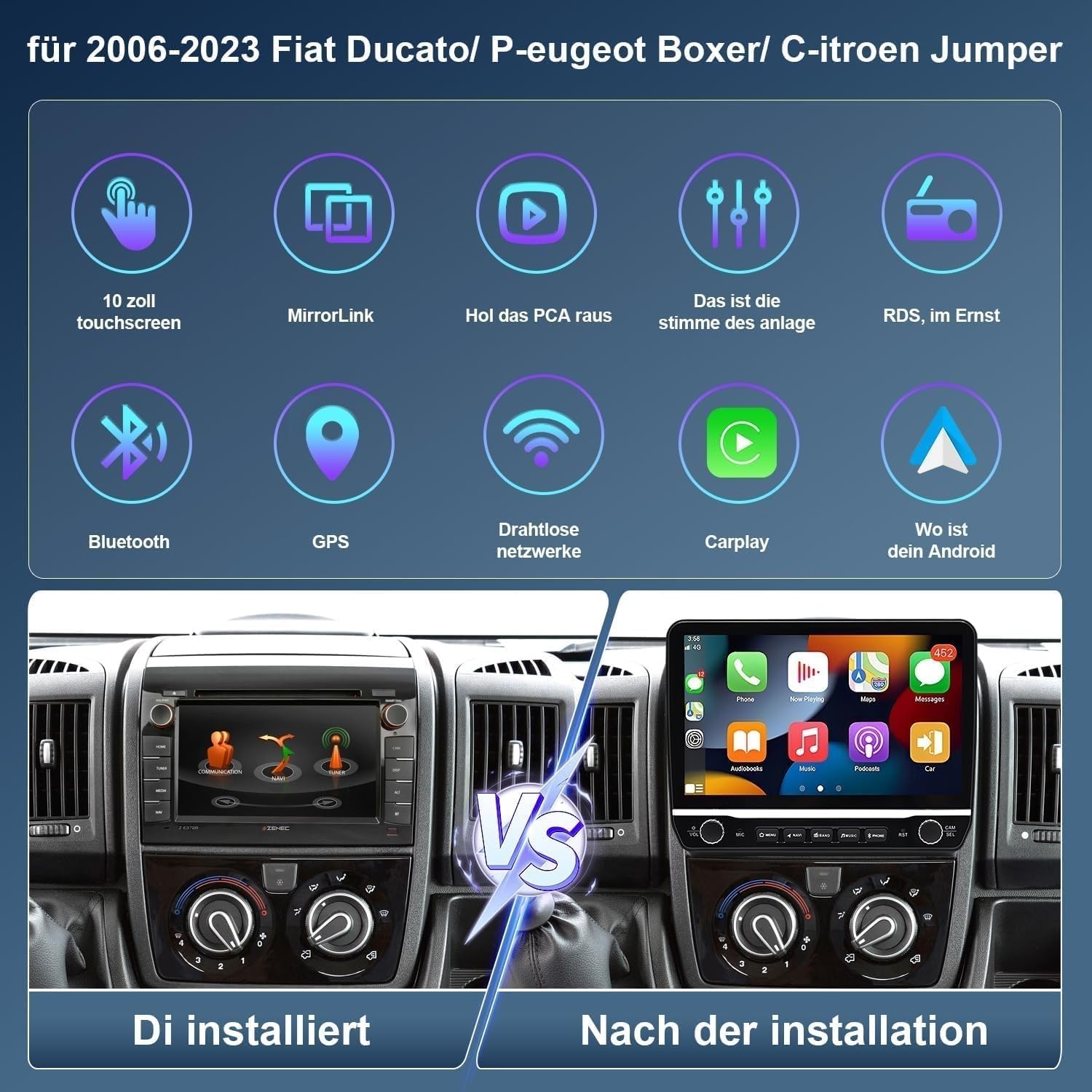 Bezprzewodowe radio samochodowe 4 + 64 G z systemem Android 13 2 DIN do Fiat Ducato 06-23 10 cali radio samochodowe z systemem Android Auto nawigacja GPS WiFi Mirror Link Bluetooth/WiFi / GPS/FM RDS