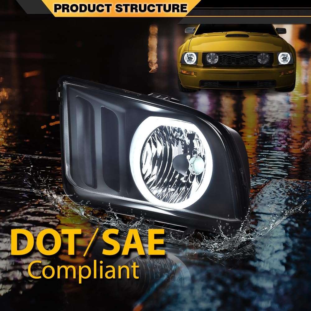 CNNELL LED DRL Headlights Assembly Compatible with 2005 2006 2007 2008 2009 Ford Mustang 2PCS Driver&Passenger Side Headlight Headlamps(B Smoky lens Black Housing Amber Reflector)