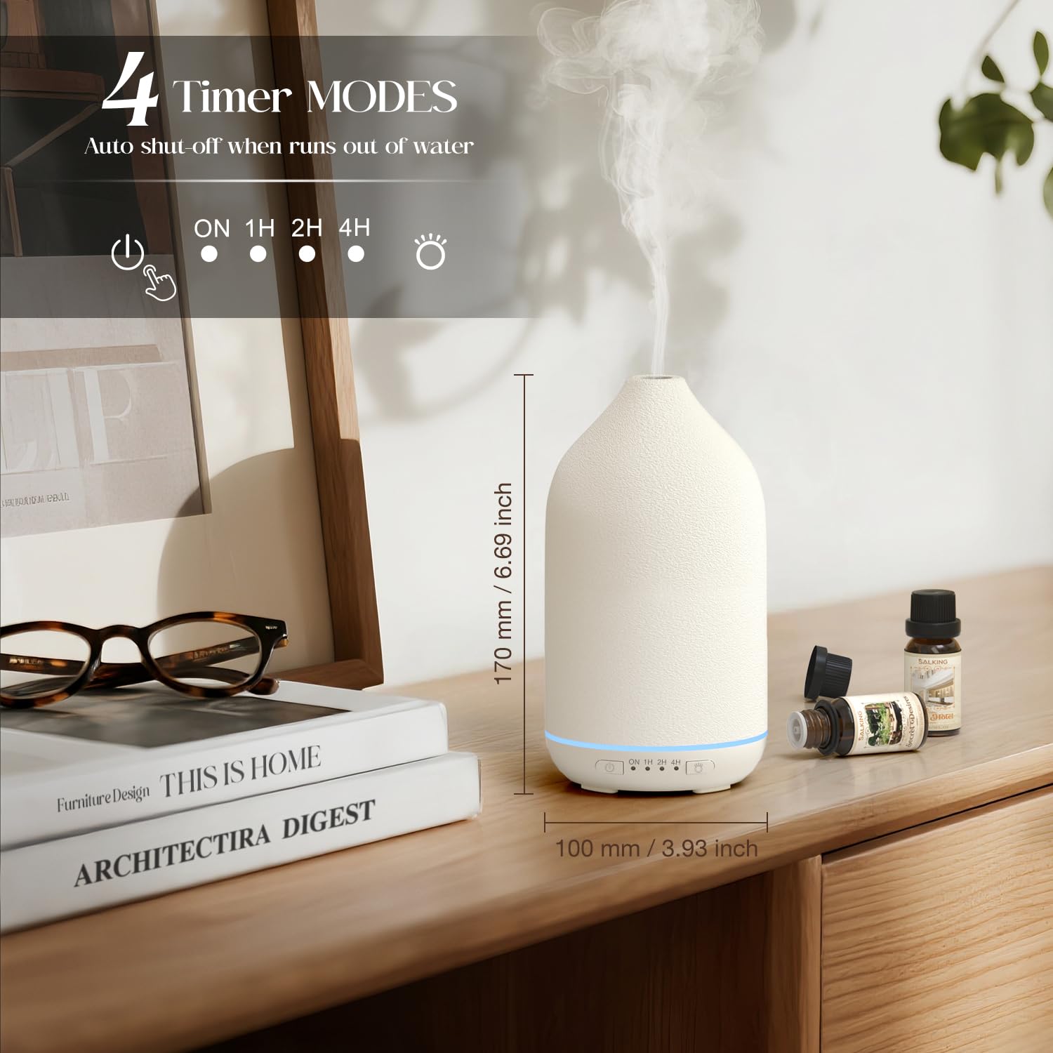 SALKING Aroma Diffuser Keramik Diffusor für Ätherische Öle - Duftöl Duftdiffusor Ultraschall BPA-Frei mit Einstellbarem Nebelmodus, Automatisch Power-Off Leise für Zuhause Büro Yoga 200ML Weiß