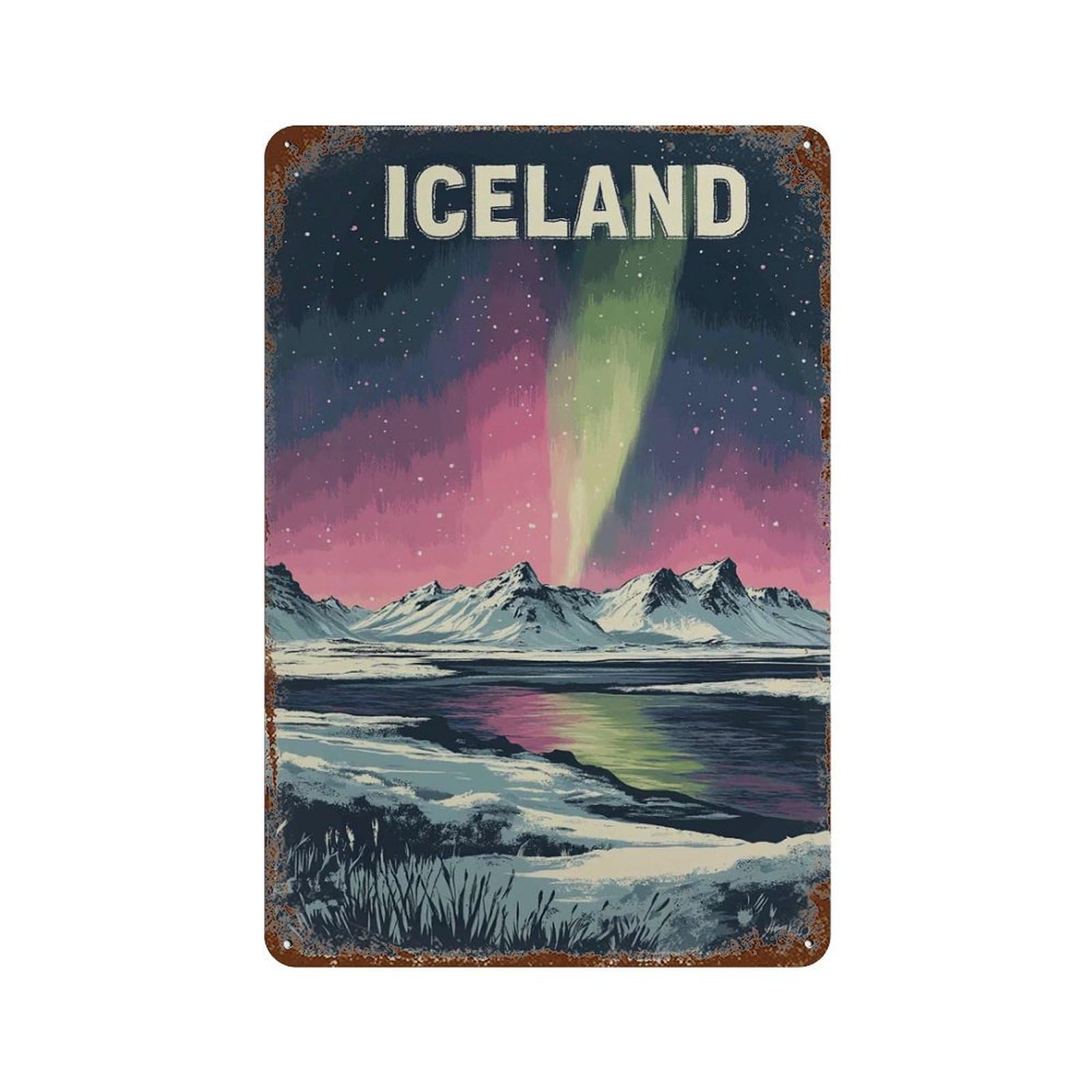 xiaoxiaoshen Iceland Travel Northern Lights Snowy Mountain Nordic Landscape Adventure Wall Decor Art Metal Tin Poster Modern Home Decor Art Home Bar Shop Decorations Vintage Sign 30x20cm