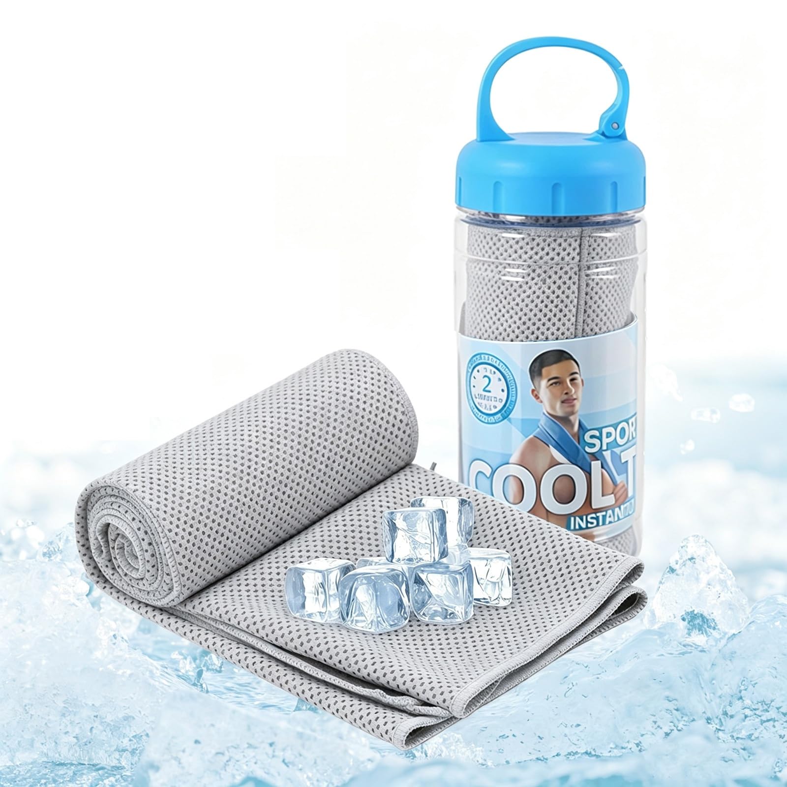 XQMMGO 100 x 30 cm Instant Cooling Towel for Neck & Face, Ice Cold Microfibre Sports Gym Towel with Portable Bottle, Breathable Sweat Bandana for Running, Yoga, Golf, Travel & Hot Weather (grey)