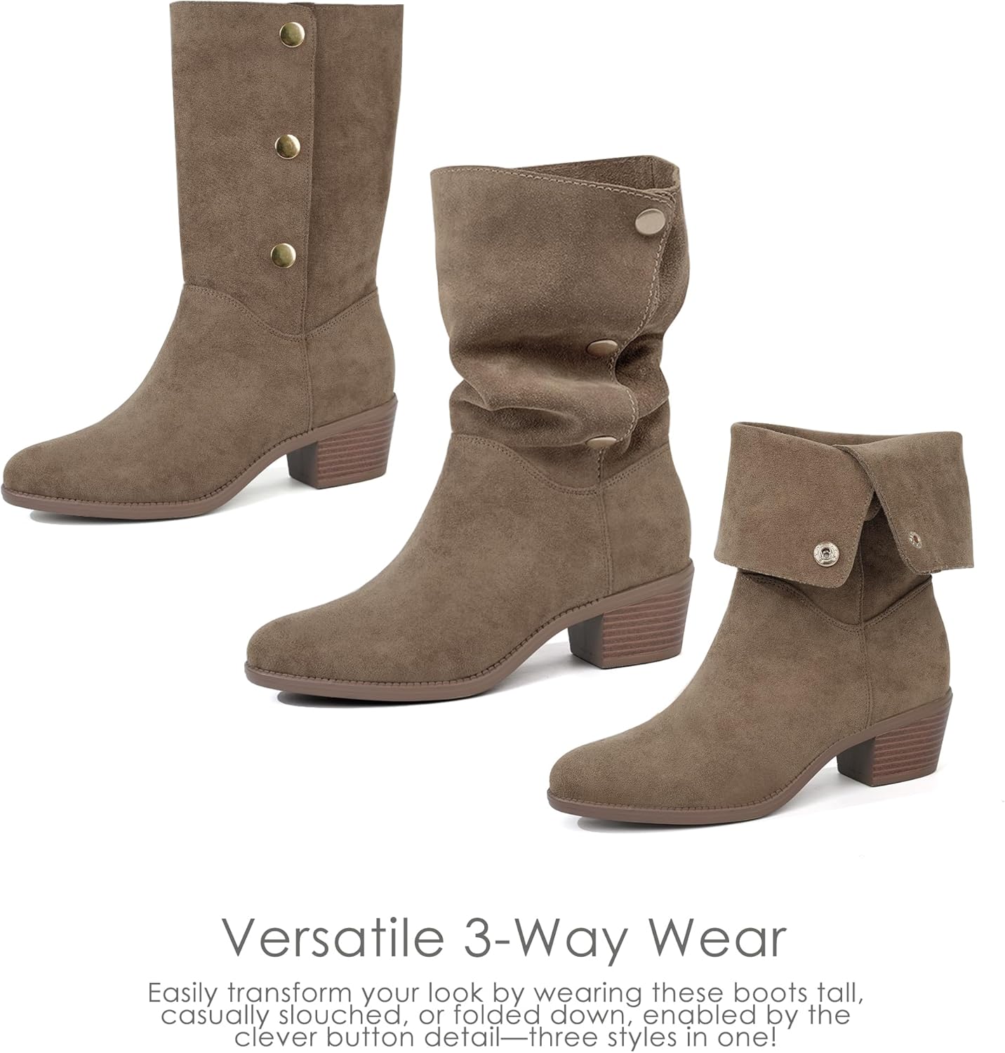 starmerx Womens Suede Mid Calf Boots 3 Way Fold Over Style Chunky Block Heel Booties Fall Winter
