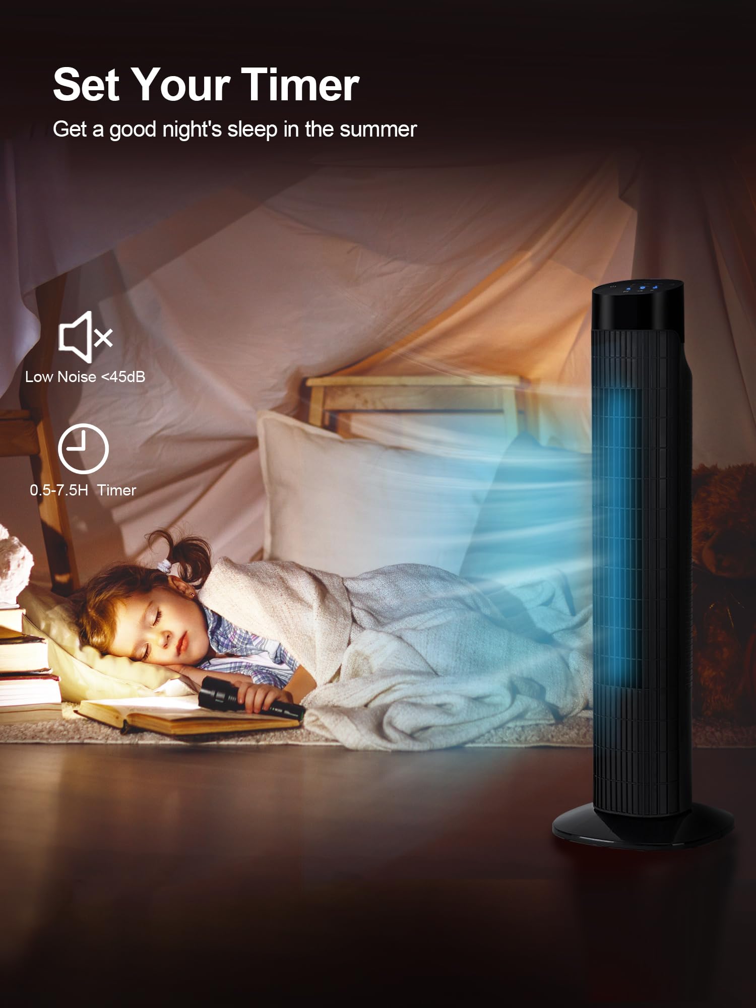 Uthfy Tower Fan for Bedroom,Fans That Blow Cold Air,80° Oscillating Fan with Remote,7.5H Timer,3 Speeds,Standing Fan Bladeless Fan Cooling Fan for Room Office 32 Inch