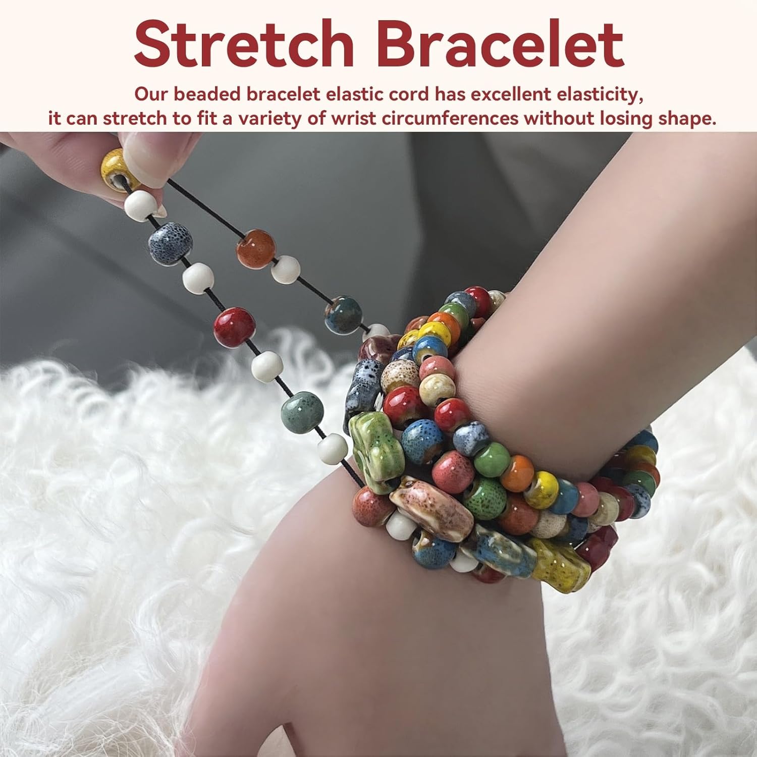 6-Piece Ceramic Bead Stretch Bracelets Set, Stackable Colorful Beaded Bracelets for Women - Image 2