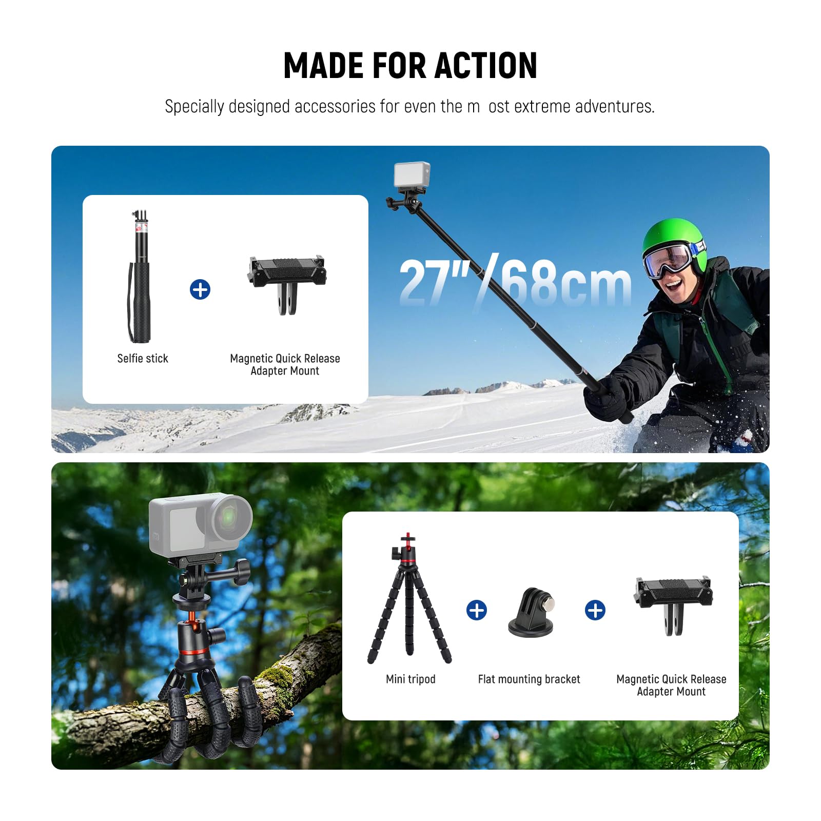NEEWER Zestaw akcesoriów Action Cam Pro 35 w 1 kompatybilny z DJI Osmo Action 5 Pro 4 3 GoPro, uchwyt adaptera szybkiego zwalniania do nurkowania, pieszych wędrówek, jazdy na rowerze, jazdy na nartach