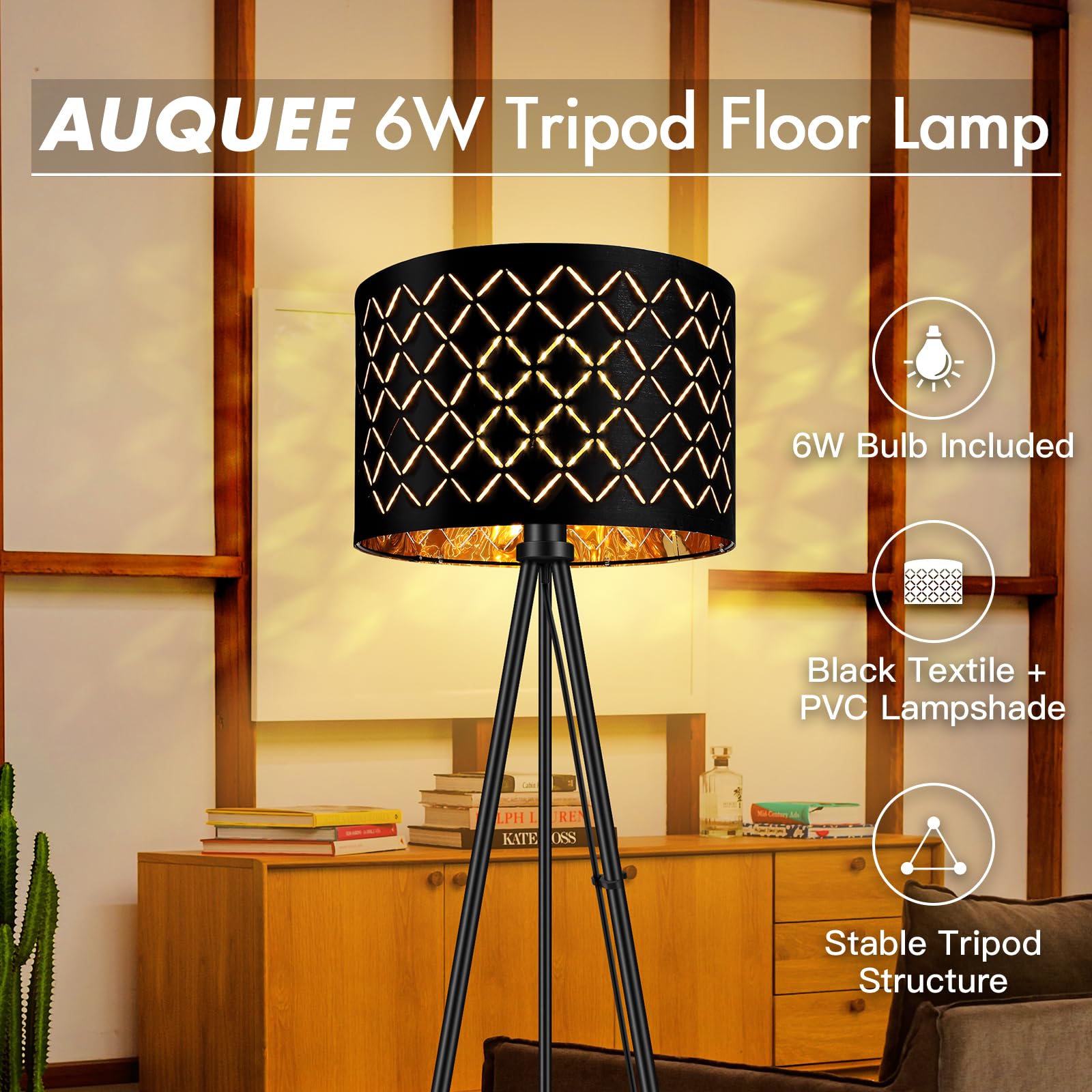 AUQUEE LED Stehlampe Whonzimmer, 6W Schwarz Stehleuchte, Moderne Dreibein Standleuchte aus Metall mit Dekorativem Lampenschirm und Fußschalter, Retro Leselampe Stehlamp für Wohnzimmer, Schlafzimmer
