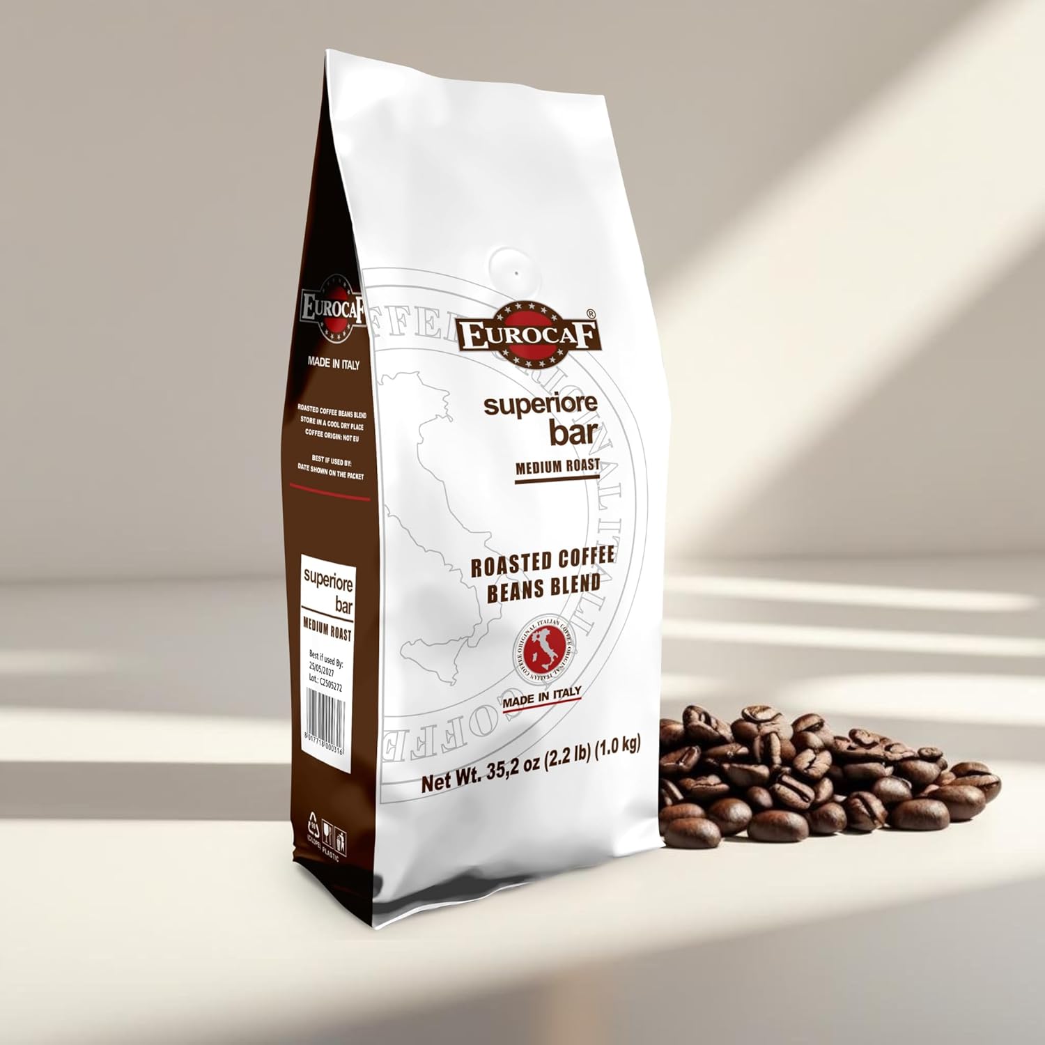 Eurocaf Superiore Bar Whole Bean Coffee, Medium Roast, 2.2 Ib bag, Original Italian Coffee (Pack of 1)