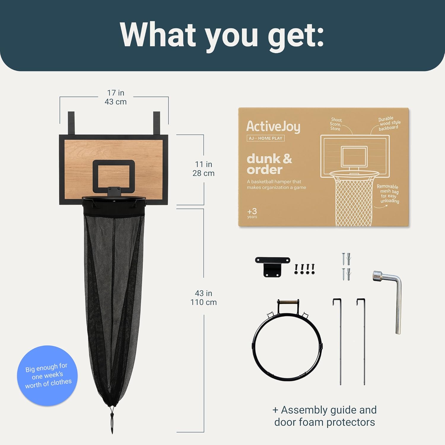 ActiveJoy – Basketball Laundry Hamper – Wooden Backboard & Mesh Hoop Laundry Basket – Over Door Hanging Organizer for Kids - Cedarwood Brown