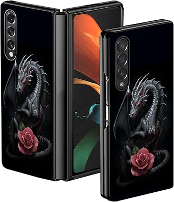Slim Case for Galaxy Z Fold 3 5G, Hard PC Women/Girls Phone Shell for Samsung Galaxy Z Fold 3, Shockproof Wireless Charging Cover for Samsung Z Fold 3 2021, Black Dragon Pink Rose