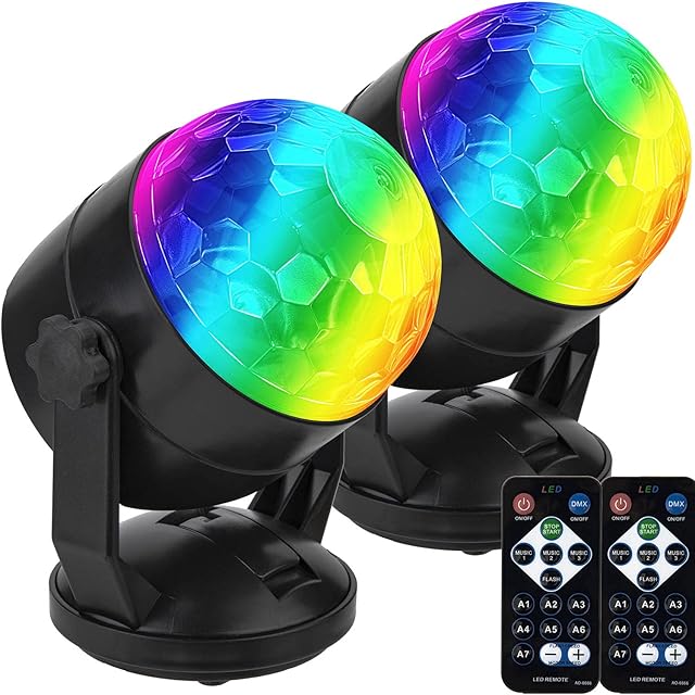 [Pack of 2] Remote Control Battery Powered Portable Sound Activated Party Lights for Outdoor and Indoor, USB Plug in, Dj Lighting, RBG Disco Ball, Strobe Lamp Stage Par Light for Room Dance Parties
