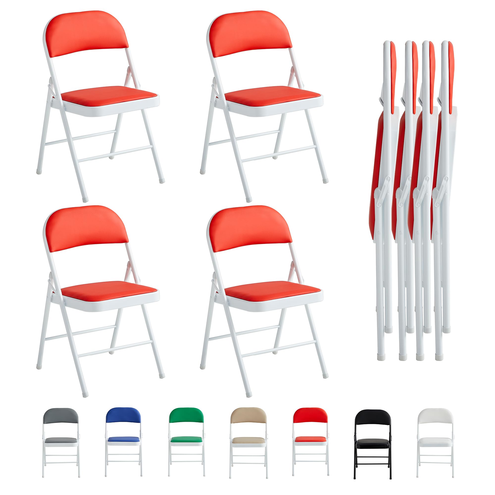 mcc direct Folding Chairs, Faux Leather Foldable Chairs with Metal Frame and Padded Seat, Easy to Fold and Store for Home, Office, Dining and Reception (4, Red)