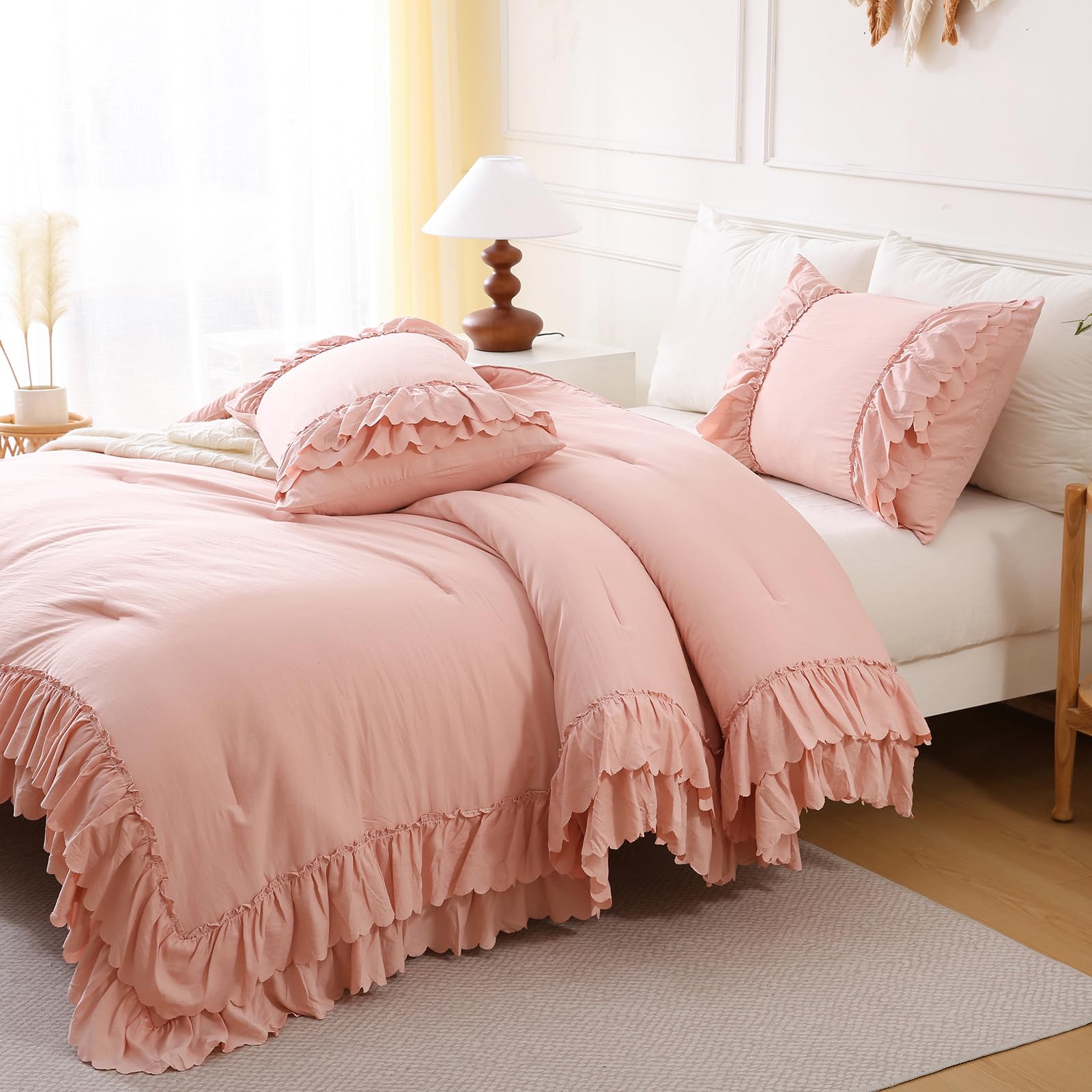 Herside Girls Pink Bedding Set King Size Boho Ruffled Duvet Cover Set 3 Pieces Ultra Soft Microfibre Quilt Cover Rustic Chic Bedding Cover Cute Home Decor Quilt Cover