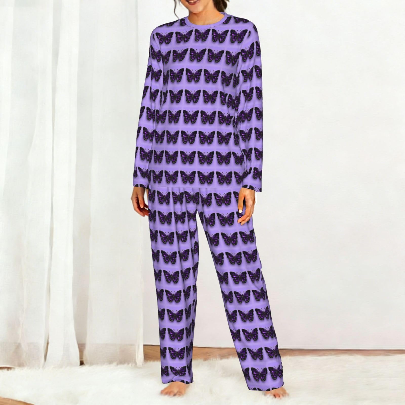 Dreamlike Viola Farfalla Stampa Donna Manica Lunga Pigiama Abbinamento Quotidiano Confortevole Loungewear Abiti Da Notte