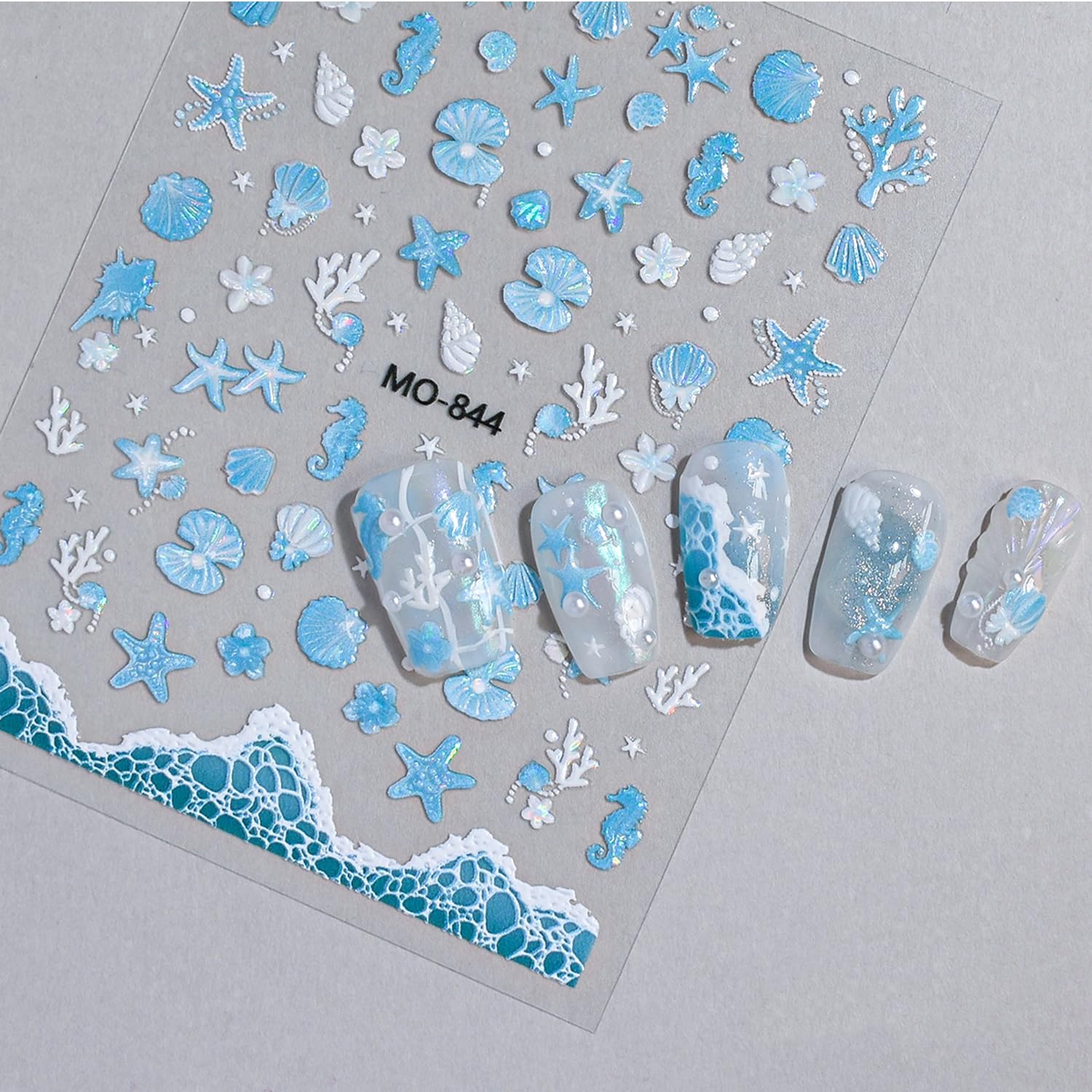 Summer Ocean Nail Art Sticker Decal 3 Sheets 5D Ocean Life Embossed Pink Blue White Waves Seashells Starfish Self-Adhesive for Women DIY Manicure Decoration