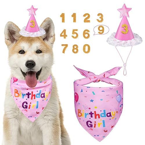 Yicostar Dog Birthday Bandana Set, Dog Birthday Party Supplies, Puppy Boy Girl Birthday Party Hat with Numbers for X-Small, Small and Meidum Puppy (Pink) - Pink - Small X-Small