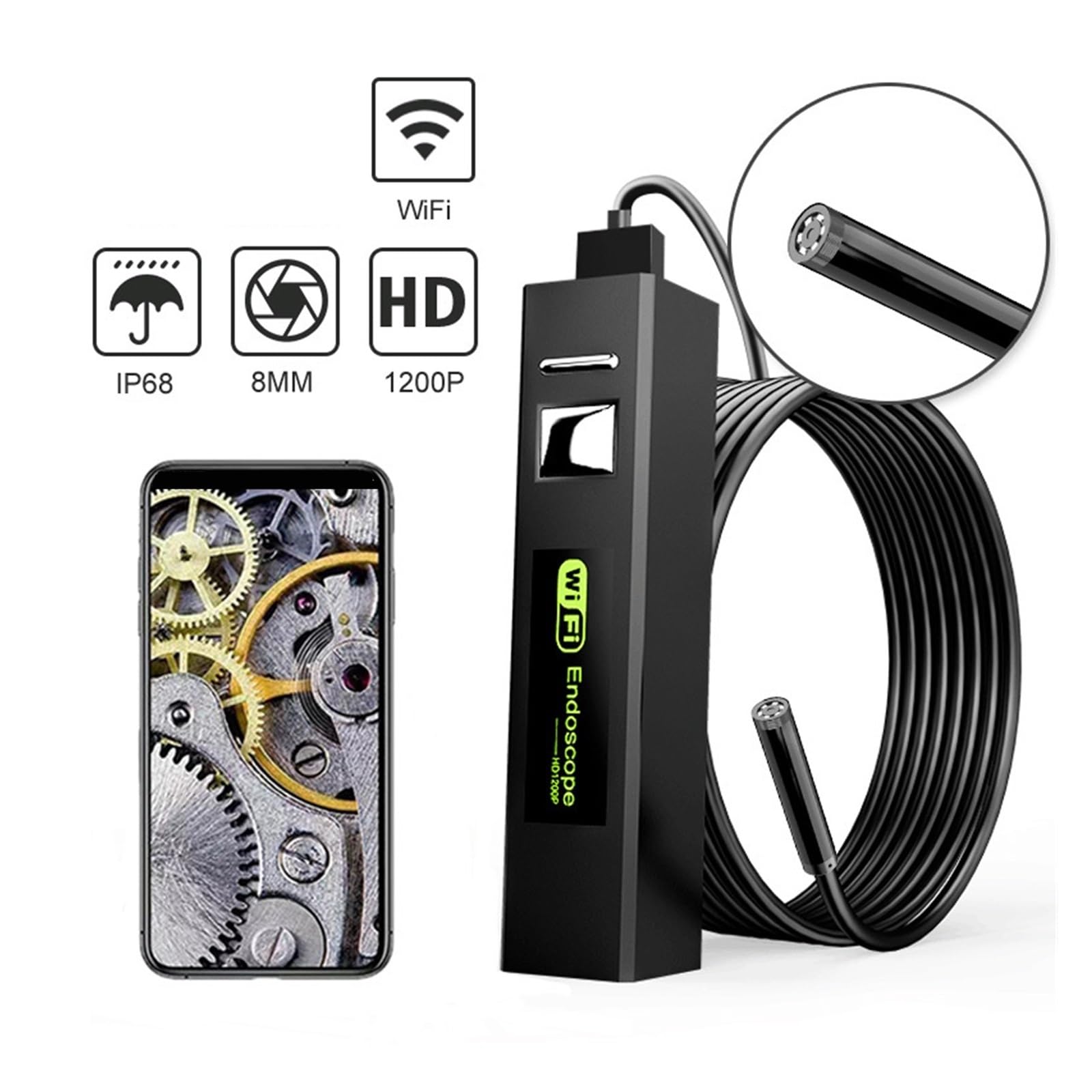 Cámara Endoscopio Industrial Lente De 8mm HD USB-C WiFi Boroscopio De Inspección Inalámbrico Impermeable 6/8 LED For Teléfonos Móviles(10m,1200P Soft Cable)