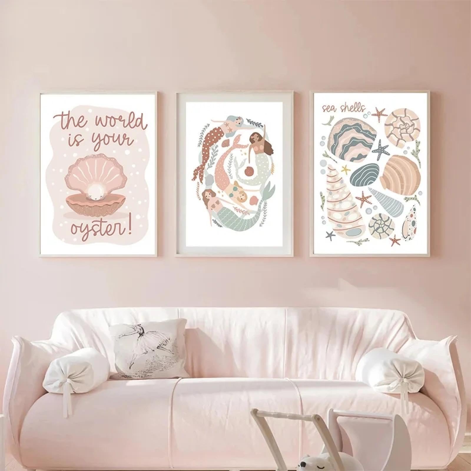 lianyibo Pintura en lienzo con diseño de ballena, tortuga marina, sirena, para habitación infantil, póster de animales lindos de color rosa, decoración del hogar, marco de 70 x 90 cm x 3 pulgadas