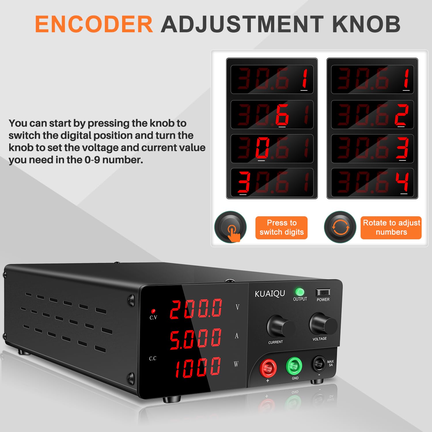 Alimentatore da Banco 200V 5A 1000W Alta Potenza Alimentatore da Laboratorio con OUTPUT/Encoder, Alta Tensione Alimentatore Regolabile Stabilizzato per Alimentazione di LED/Laboratorio/Inverter