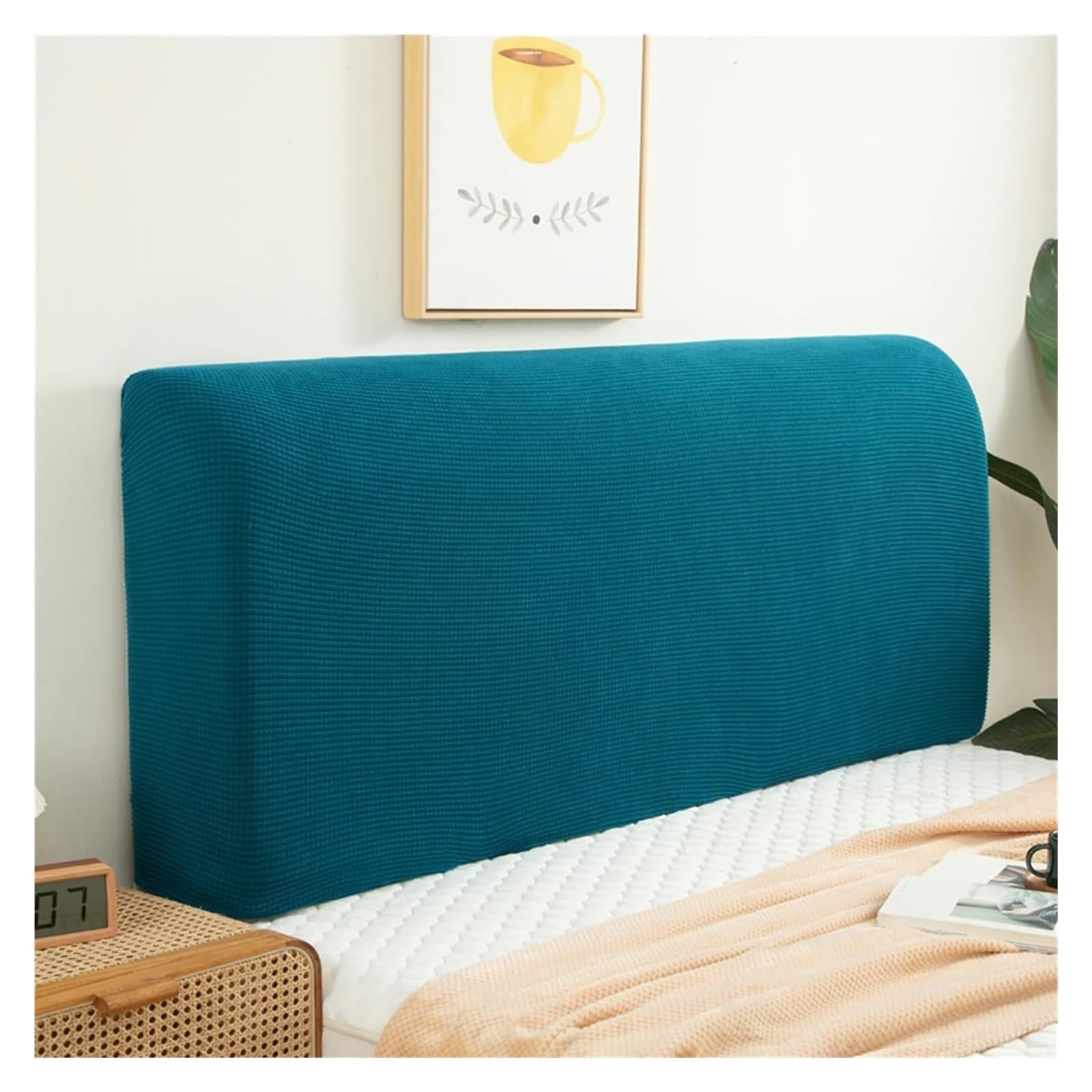 Velvet Bed Headboard Slipcover - Queen/Full/Twin/Cal King Size, Quilted Dustproof Protector, Elastic Decoration (Blue)