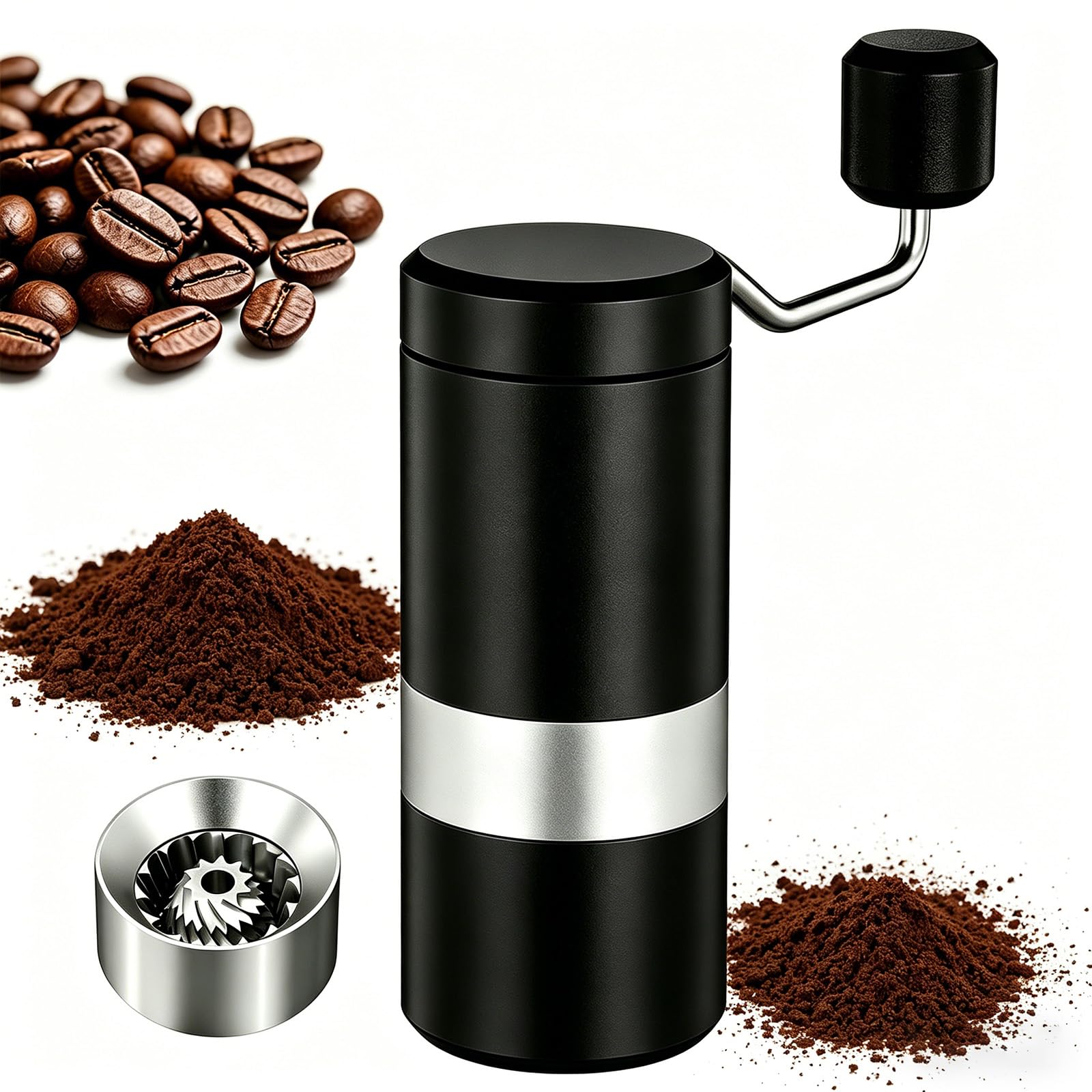 Manual Stainless Steel Coffee Grinder, 18 Adjustable Settings, Portable Conical Burr Grinder for Camping, Travel, Espresso with Hand Crank(Black)