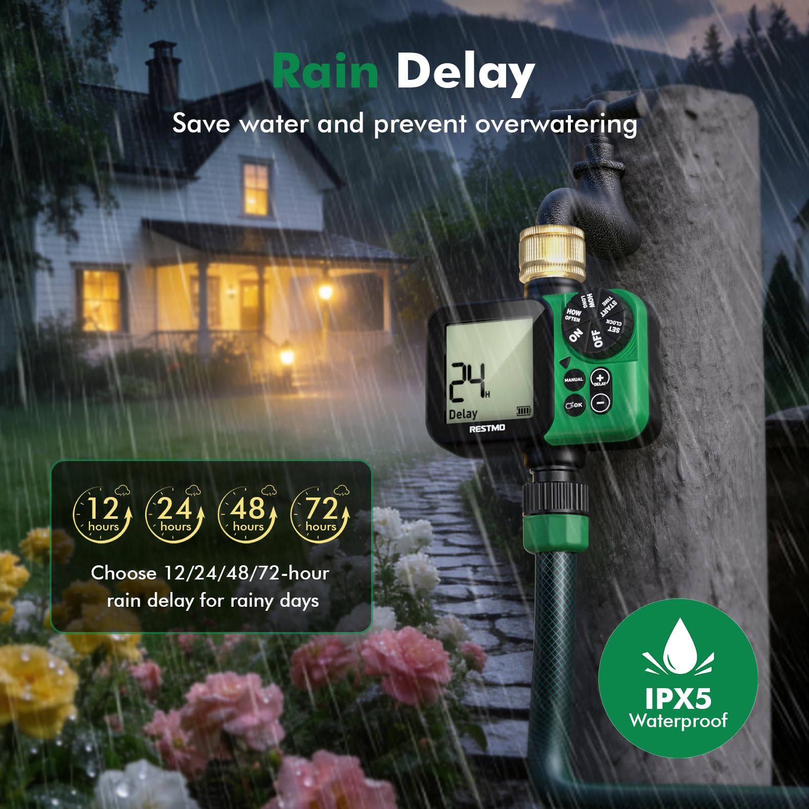 RESTMO Timer di irrigazione LCD di grandi dimensioni per rubinetto del tubo esterno, fino a 11h59m Timer di irrigazione programmabile per tubo di immersione, riempimento, nebulizzazione con ingresso