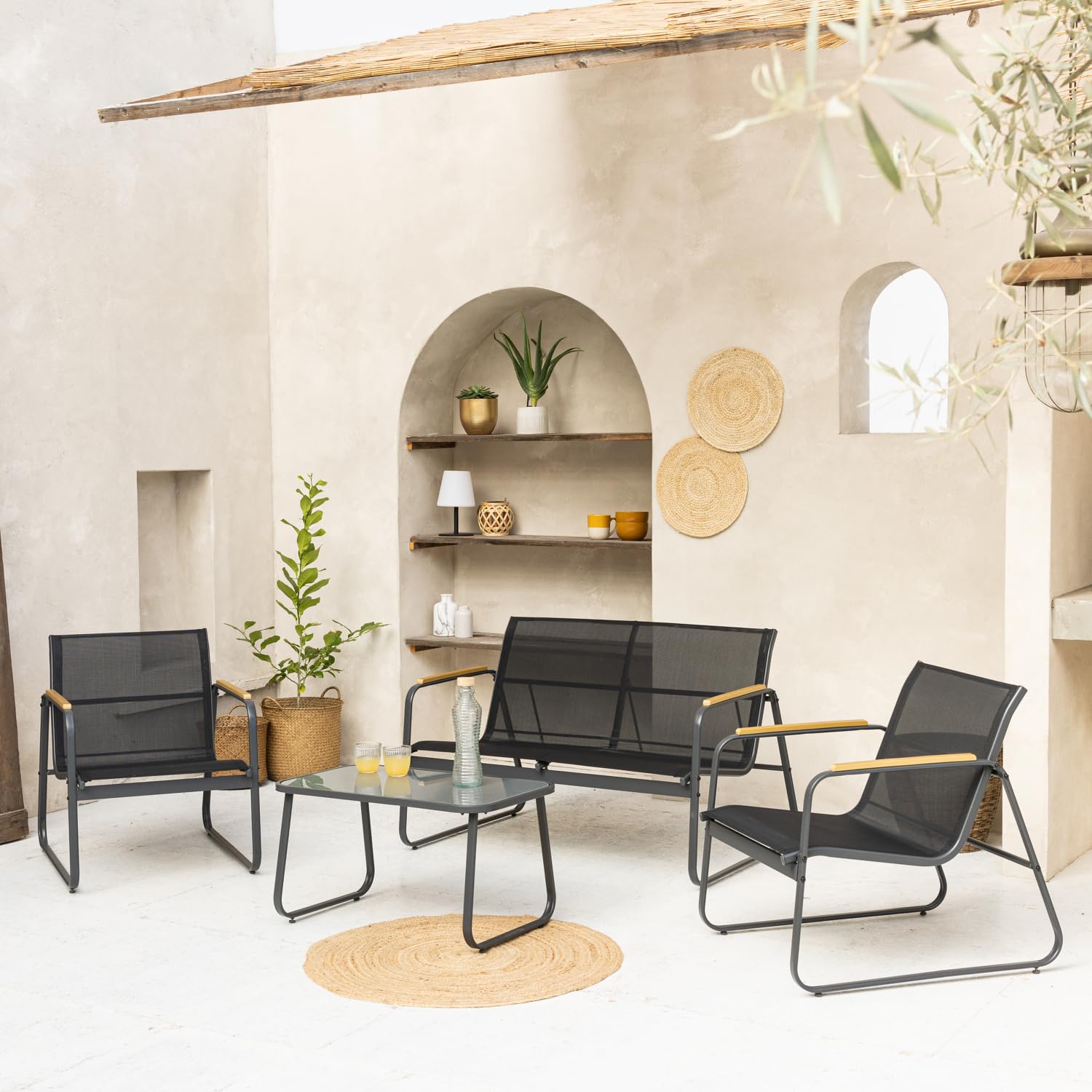 Happy Garden Salon de Jardin Tenerife en textilene Noir, 4 Places, disposant d'un canapé, de 2 fauteuils et d'une Table Basse rectangulaire