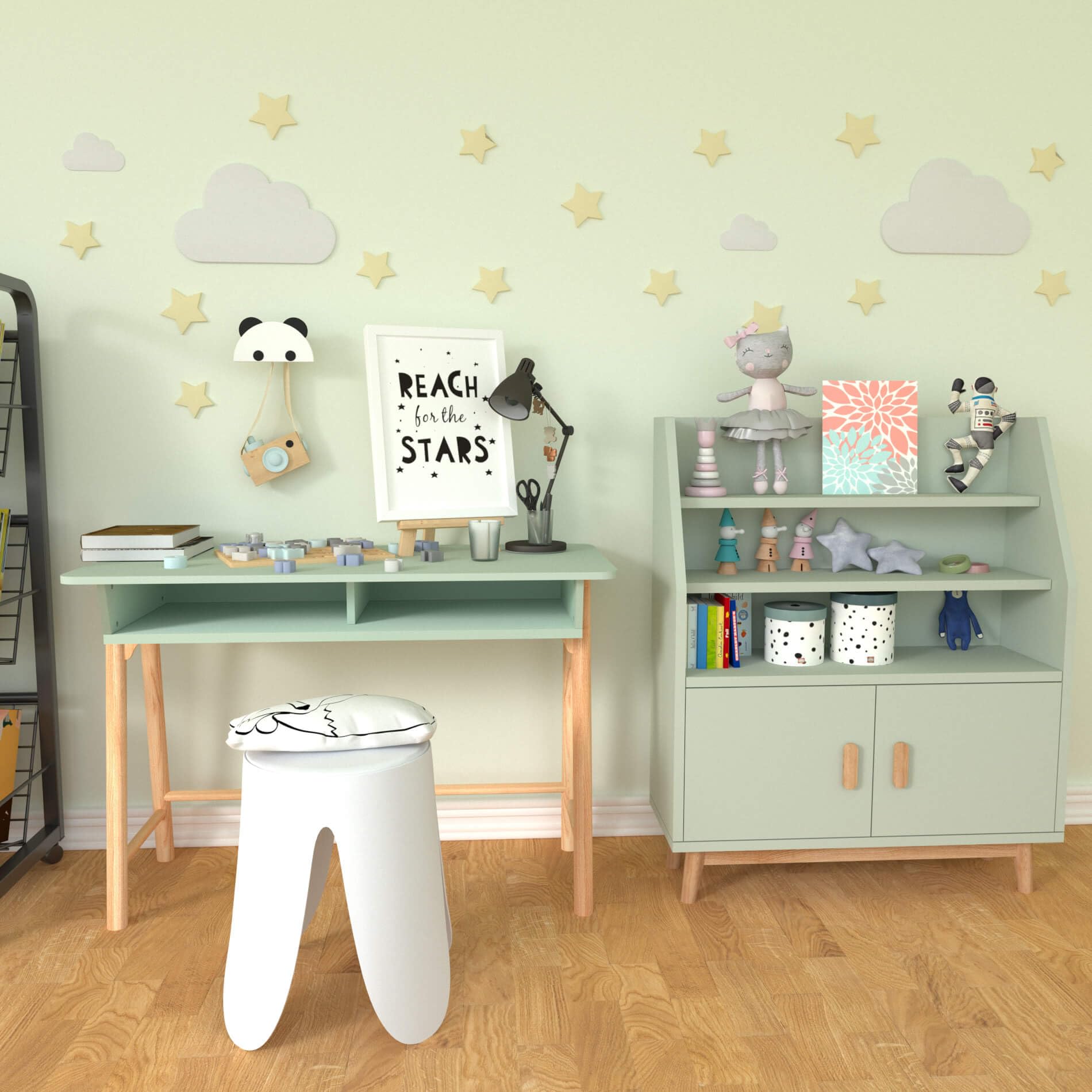 Rebecca Mobili Escritorio Montessori, Mesa para Habitación Infantil, Verde Agua Marrón, MDF Pino, con Compartimento de Almacenaje, Estable - Dimensiones AxAnxFon: 70 x 90 x 50 cm - Art. RE7136