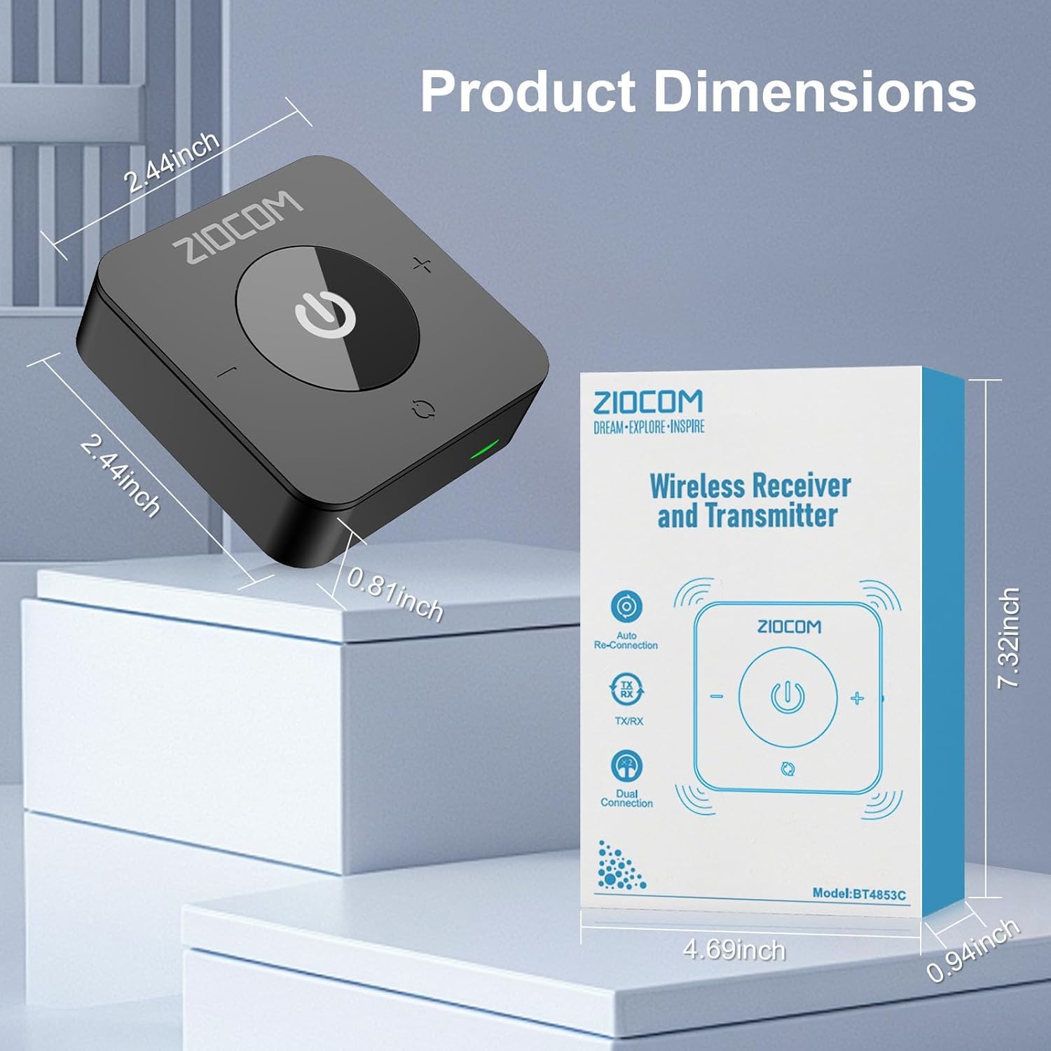 ZIOCOM Récepteur Émetteur Bluetooth 5.0, Adaptateur Audio sans Fil 2 en 1, pour TV/PC/MP3/Gym/Avion/Haut-parleur et Stéréo Domestique (Optique, 3,5 mm AUX, RCA), Appairage Simultané de 2 Appareils