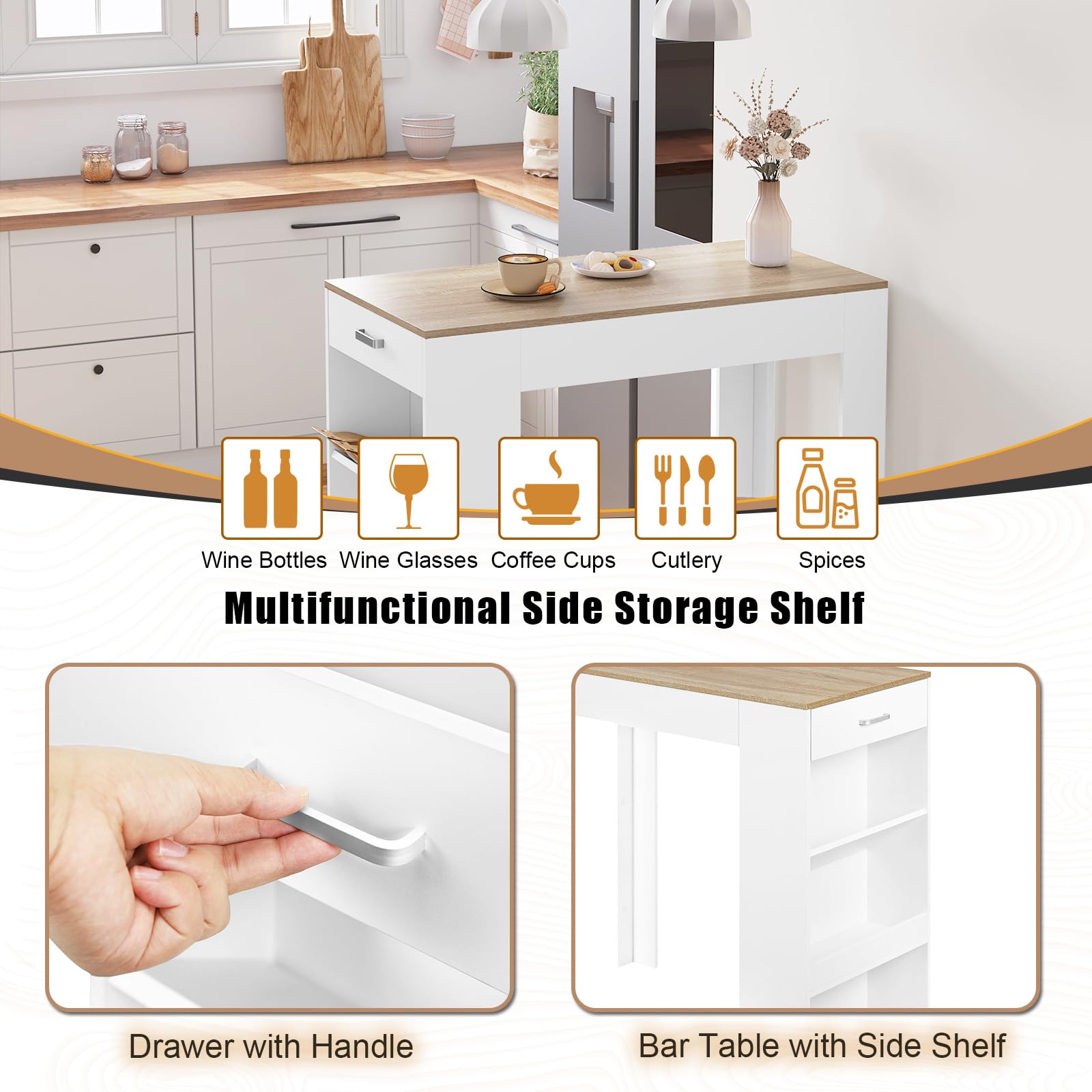 WOLTU Mesa Bar Alta, Mesa Cocina con Estantería Lateral de 1 Cajon 1 Botellero y 2 Estantes, Mesa para Comedor Salón (Sin Tablas de Madera, Blanco + Roble Claro, 100 x 50 x 100 cm)