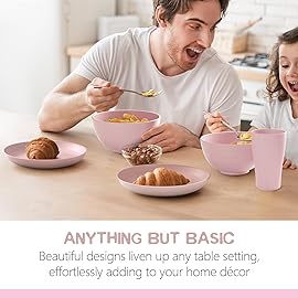 Teivio 32-Piece Kitchen Plastic Wheat Straw Dinnerware Set, Service for 8, Dinner Plates, Dessert Plate, Cereal Bowls, Cups, Unbreakable Colorful Plastic Outdoor Camping Dishes, Pink