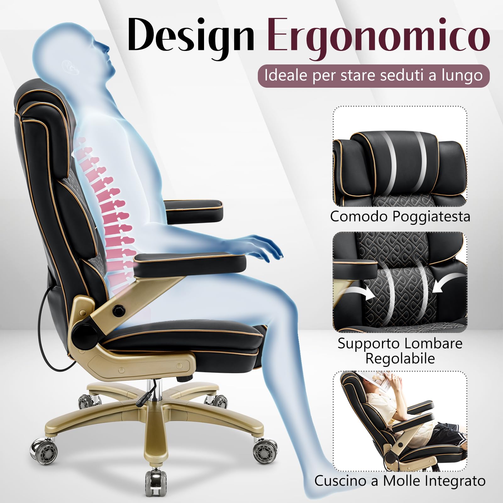 Hellove Poltrona Direzionale Ergonomica in Pelle con Braccioli 5D, Supporto Lombare Regolabile, Schienale Alto, Sedia da Ufficio Girevole e Confortevole per Casa e Studio, Nera