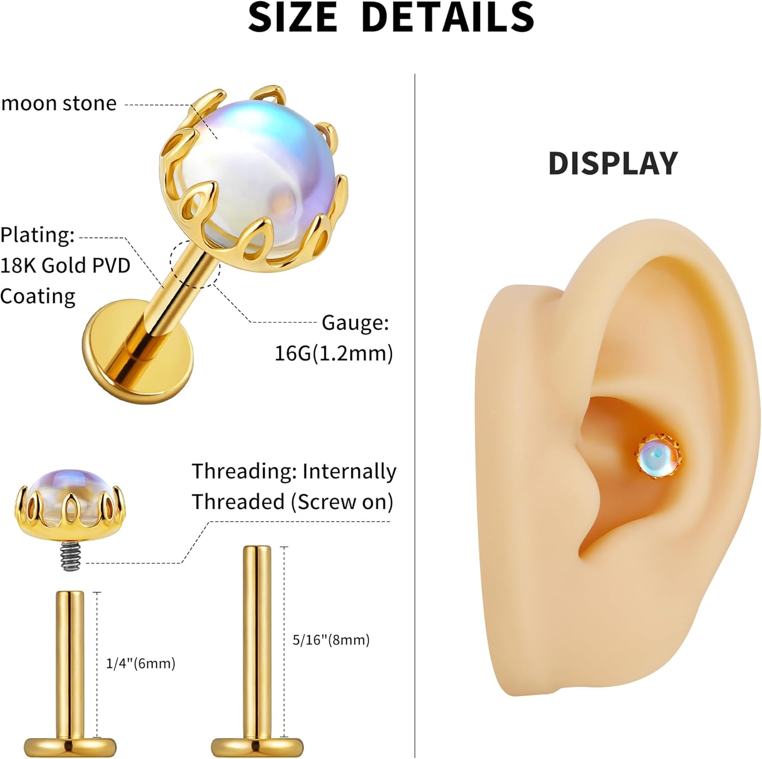 FINE4U 1PC 16G ASTM F136 Titanium Moonstone Cartilage Earring with 6mm 8mm Post for Conch Helix Tragus Flat, Labret - Image 2