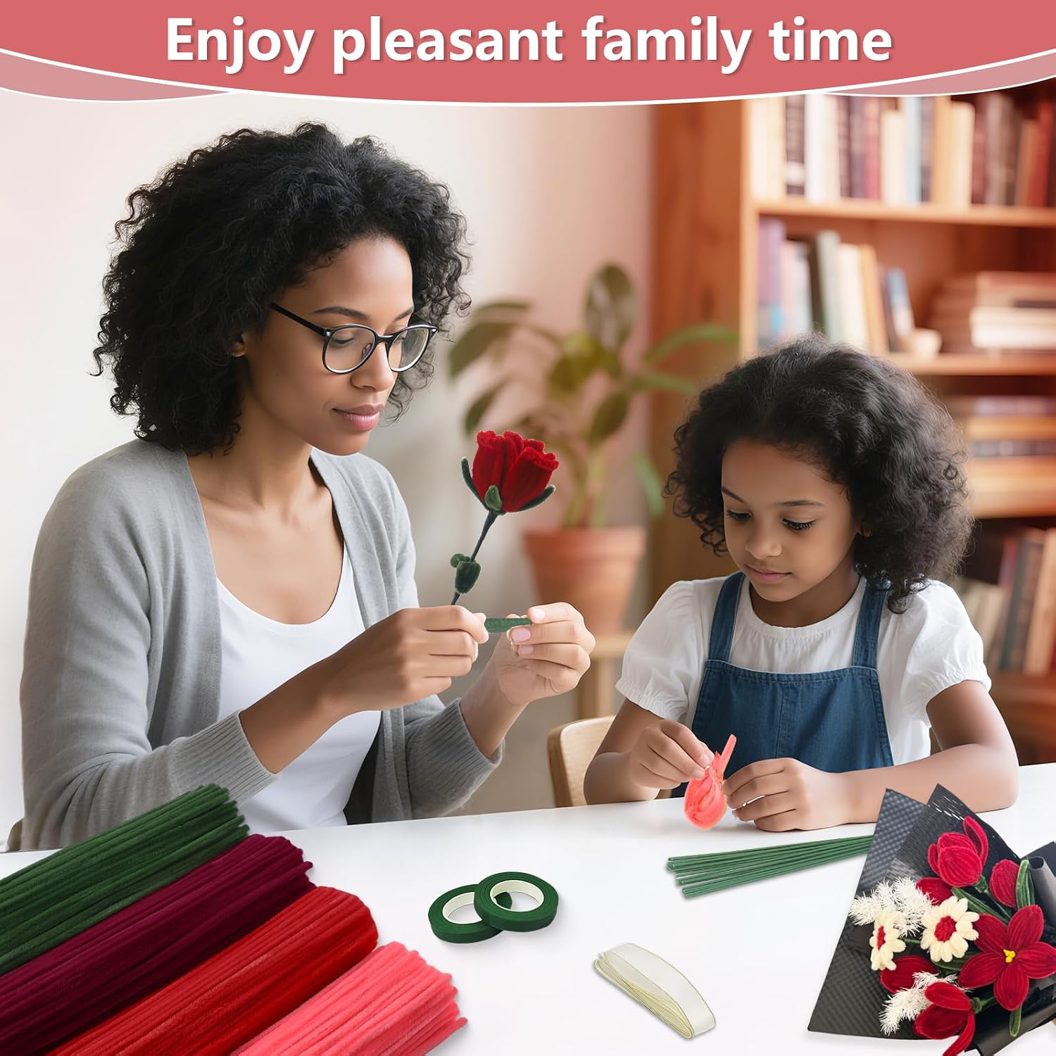 400 Pcs Red Pipe Cleaners Craft for Flowers, 4 Colored Pipe Cleaner Flower Kit, Pastel Chenille Stems for Handmade Bouquet Wrapping Party Decorations with Floral Wire, Ribbons, Tape