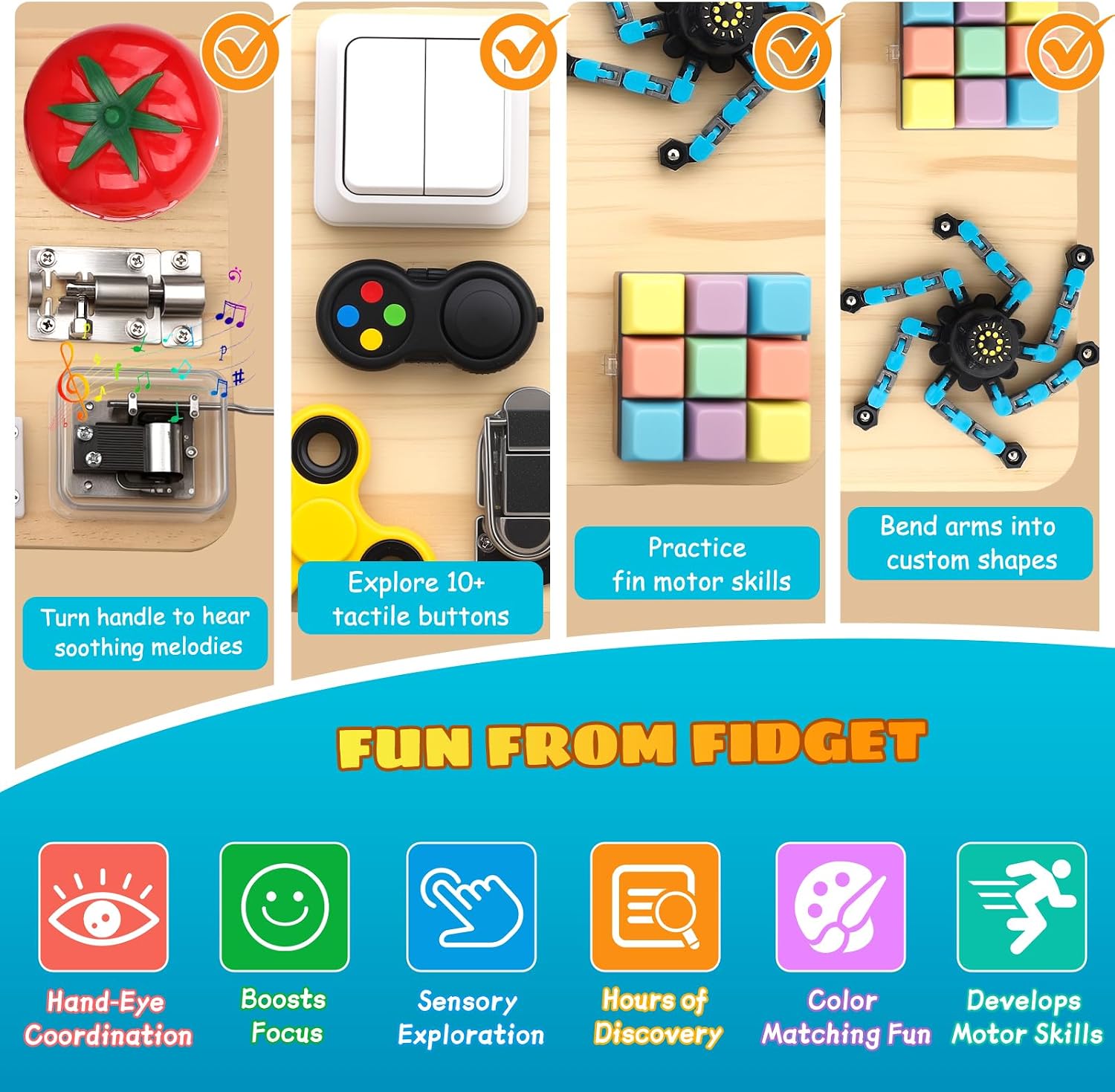 Umnodobn Wooden Montessori Busy Board, Sensory Activity Toy for Toddlers Kids, Fine Motor Skills Development Plaything, Portable Travel Fidget Board for Boys Girls, Educational Focus & Thoughtful