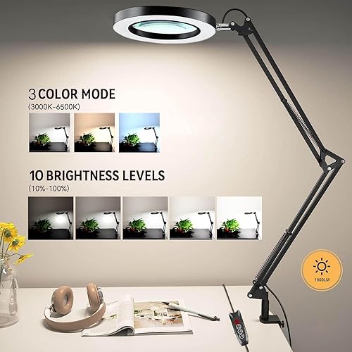 Miniatura 2 de Magnifying Glass with Light and Stand, Desk Lamp with 10X Magnifying, 3 Color Modes, Dimmable Swivel Arm Magnifier Light for Crafts Workbench