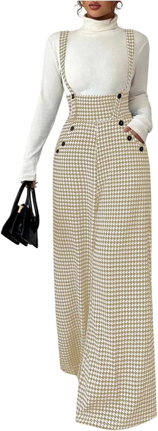 Women's Elegant Houndstooth Wide Leg Jumpsuits Old Money Button Front Work Suspender Pants with Pockets